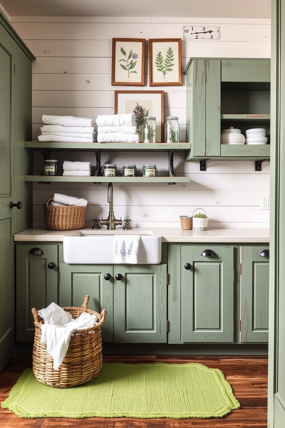 A vintage farmhouse laundry room features rustic wood cabinets painted in a soft green hue. The space includes a large farmhouse sink with a vintage-style faucet and open shelving displaying neatly folded towels and decorative jars. The walls are adorned with shiplap and framed botanical prints, enhancing the farmhouse charm. A woven basket sits on the floor, filled with fresh linens, while a cheerful green rug adds warmth to the space.