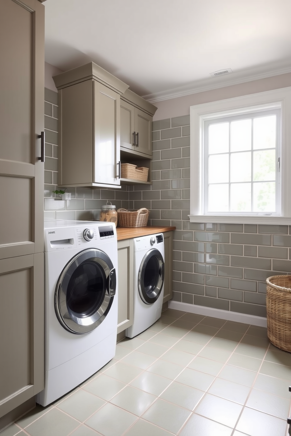 A fresh and inviting laundry room features soft olive green tiles that create a calming atmosphere. The room is equipped with a sleek white washing machine and dryer, seamlessly integrated into custom cabinetry. Natural light floods the space through a large window, illuminating the room and highlighting the elegant design. A wooden countertop provides ample space for folding laundry, while decorative baskets add a touch of organization and style.