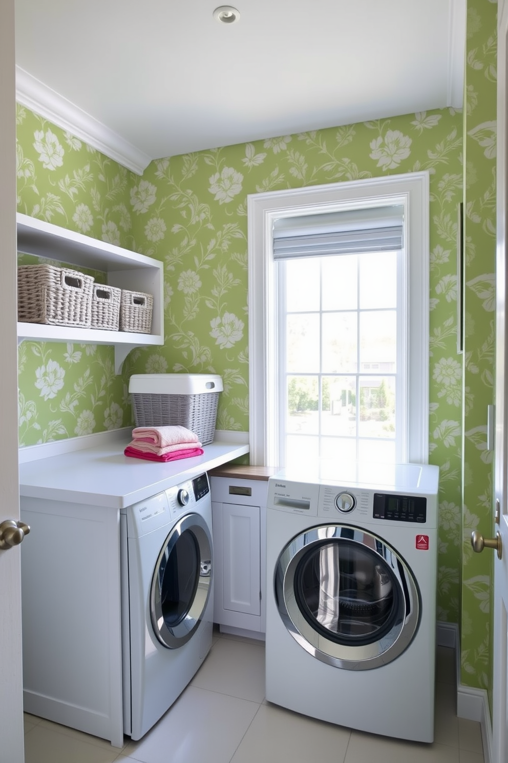 Bright green wallpaper with floral patterns adorns the walls of a cheerful laundry room. A spacious white countertop provides ample space for folding clothes, while open shelving displays neatly arranged storage baskets. The room features a modern washing machine and dryer, both in sleek white finishes. Natural light floods in through a large window, illuminating the vibrant colors and creating an inviting atmosphere.