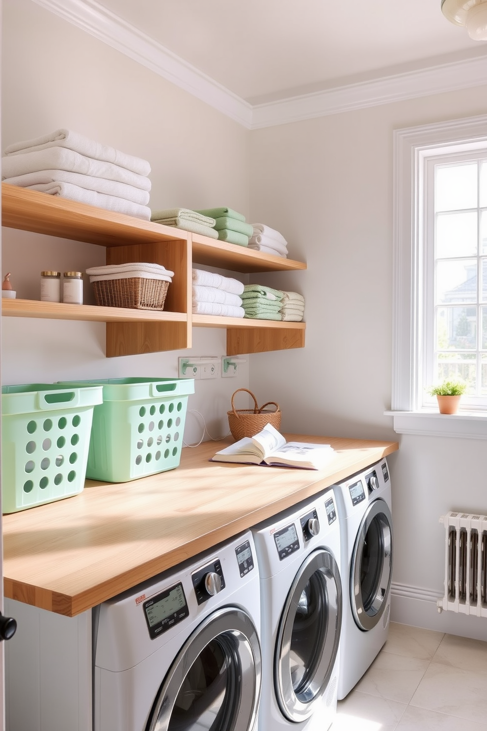 A bright and airy laundry room features pastel green laundry baskets neatly arranged for storage. The walls are painted in a soft white, complemented by wooden shelving that displays neatly folded towels and laundry supplies. Natural light floods the space through a large window, enhancing the calming pastel tones. A stylish countertop made of light-colored wood provides ample workspace for folding clothes and organizing laundry tasks.