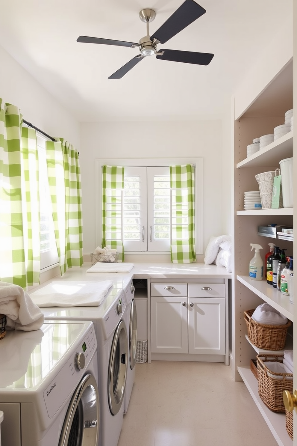 A serene laundry room featuring soft green paint on the walls complemented by crisp white trim. The space includes a spacious countertop for folding clothes and built-in cabinets for ample storage.