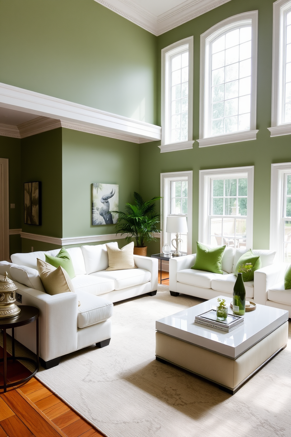 Sage green walls with white trim create a calming atmosphere in the living room. Plush white sofas are arranged around a sleek coffee table, complemented by soft throw pillows in varying shades of green. A large area rug with subtle patterns anchors the seating area, adding warmth to the space. Floor-to-ceiling windows allow natural light to flood in, enhancing the inviting ambiance of the room.