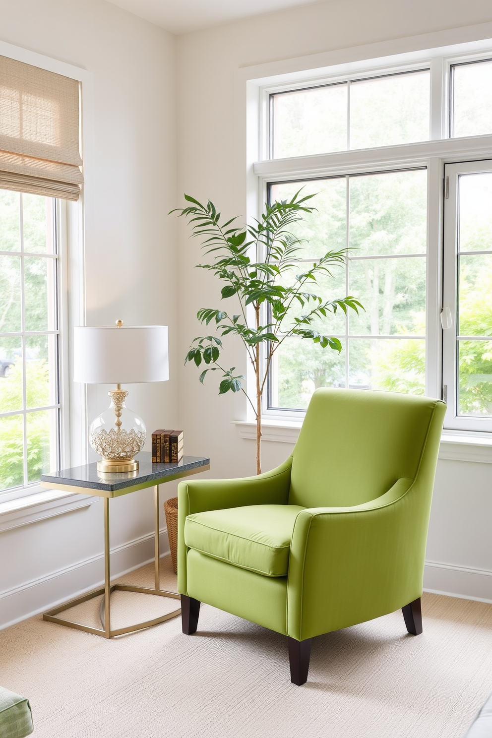 A soft green armchair is placed in the corner of a bright and airy living room. Next to it, a sleek side table holds a decorative lamp and a few curated books. The walls are painted in a light neutral tone, creating a calming backdrop. Large windows allow natural light to flood the space, enhancing the vibrant green of the armchair.