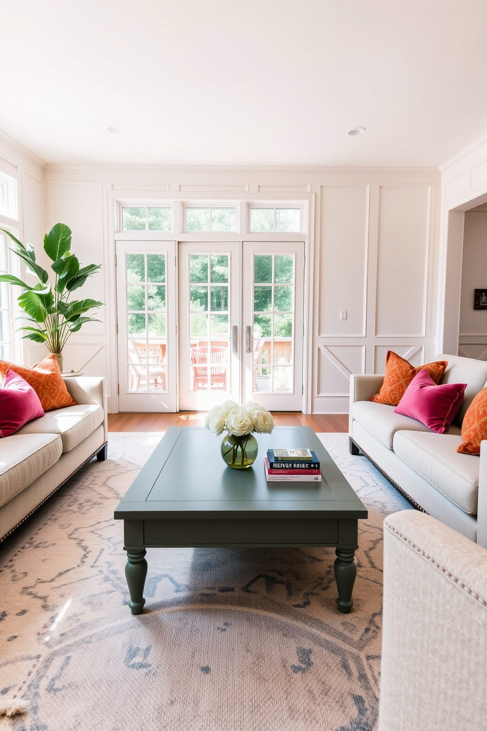 A muted green coffee table serves as the centerpiece of a stylish living room. Surrounding the table are plush sofas in neutral tones, accented with vibrant throw pillows for a pop of color. The walls are adorned with soft white paneling, creating a bright and airy feel. Large windows allow natural light to flood the space, enhancing the inviting atmosphere of the room.