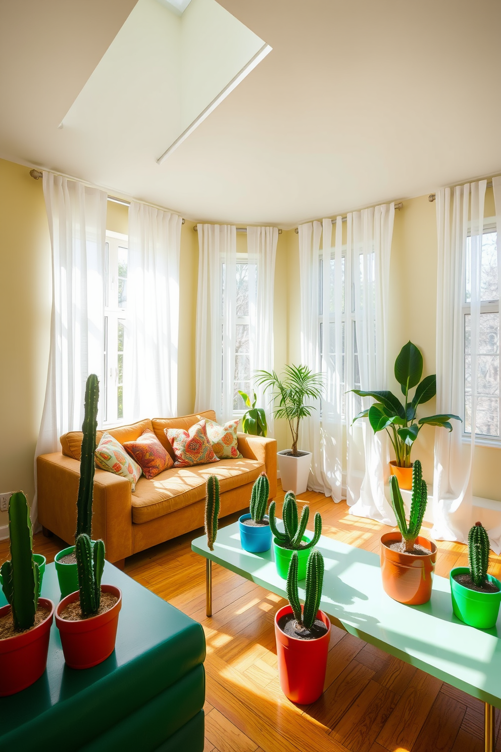 A vibrant green living room filled with natural light. The space features a cozy seating arrangement with a plush sofa and colorful cushions, complemented by a coffee table adorned with cactus plants in vibrant pots. The walls are painted a soft cream, while the flooring consists of warm hardwood. Large windows draped with sheer white curtains allow sunlight to filter in, creating an inviting atmosphere.