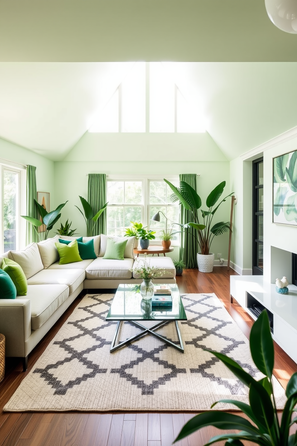 Light green ceiling to open up space. The living room features a plush sectional sofa in neutral tones, accented with vibrant green throw pillows. Large windows allow natural light to flood the room, enhancing the airy feel. A stylish coffee table sits at the center, surrounded by a soft area rug with geometric patterns. Lush indoor plants are strategically placed in the corners, bringing a touch of nature indoors. The walls are adorned with tasteful artwork that complements the green theme.