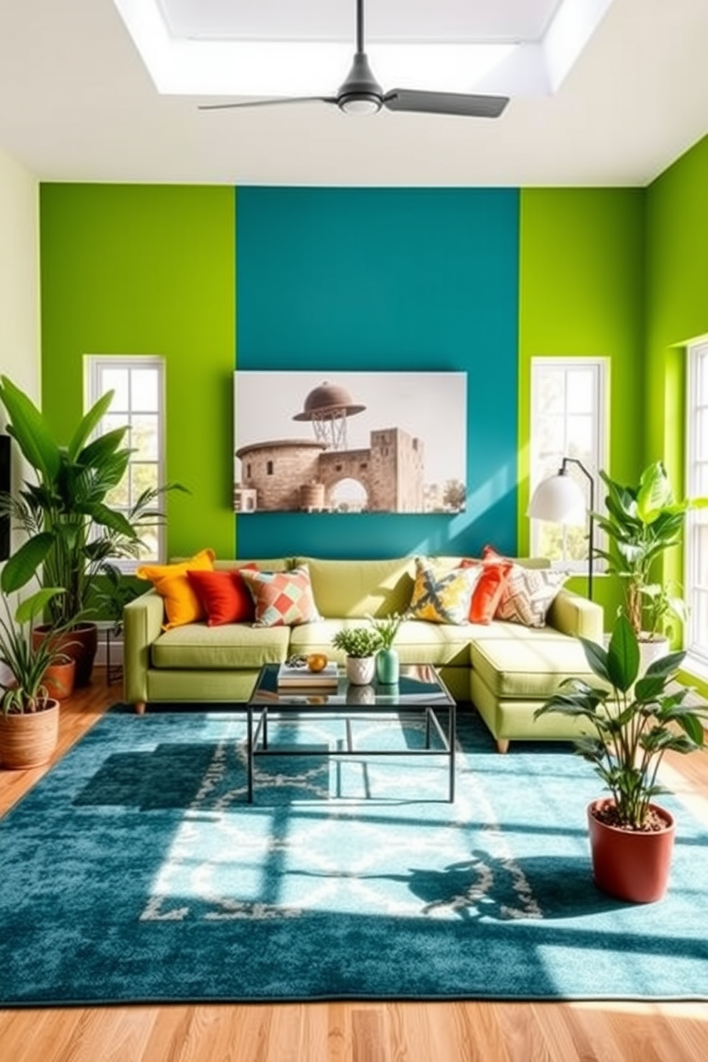 A bright and airy living room featuring a soft mint green ceiling that complements the light walls. The space is filled with plush white sofas adorned with pastel-colored cushions, and a large area rug anchors the seating arrangement. In one corner, a stylish coffee table sits atop the rug, surrounded by elegant accent chairs. Floor-to-ceiling windows allow natural light to flood the room, while indoor plants add a touch of greenery and freshness.