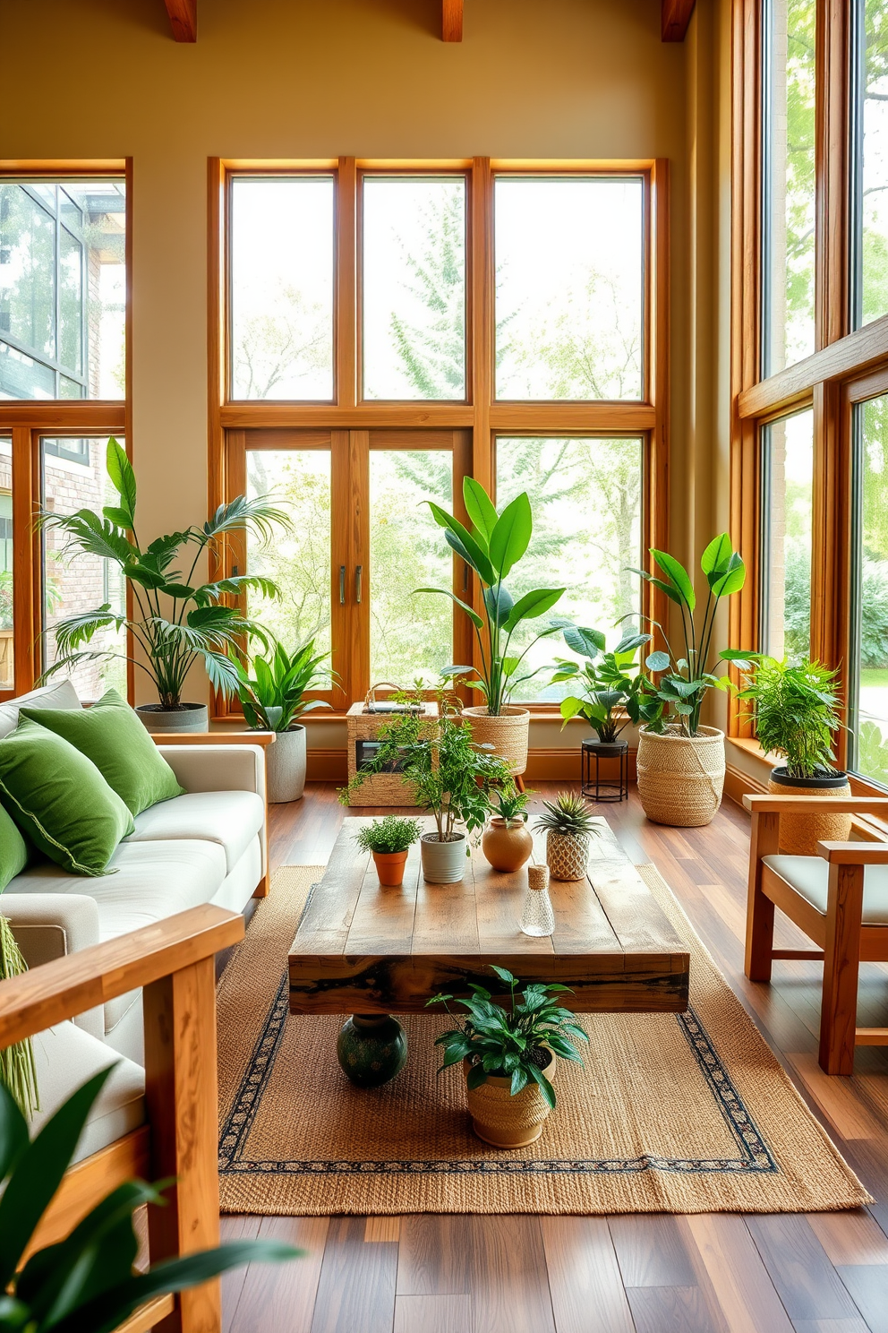 A serene living room featuring a dark green accent wall that adds depth and richness to the space. The furniture includes a light beige sofa paired with wooden side tables and a soft cream area rug that ties the room together. Large windows allow natural light to flood in, highlighting the elegant decor. Potted plants in the corners bring a touch of nature indoors, complementing the green tones beautifully.