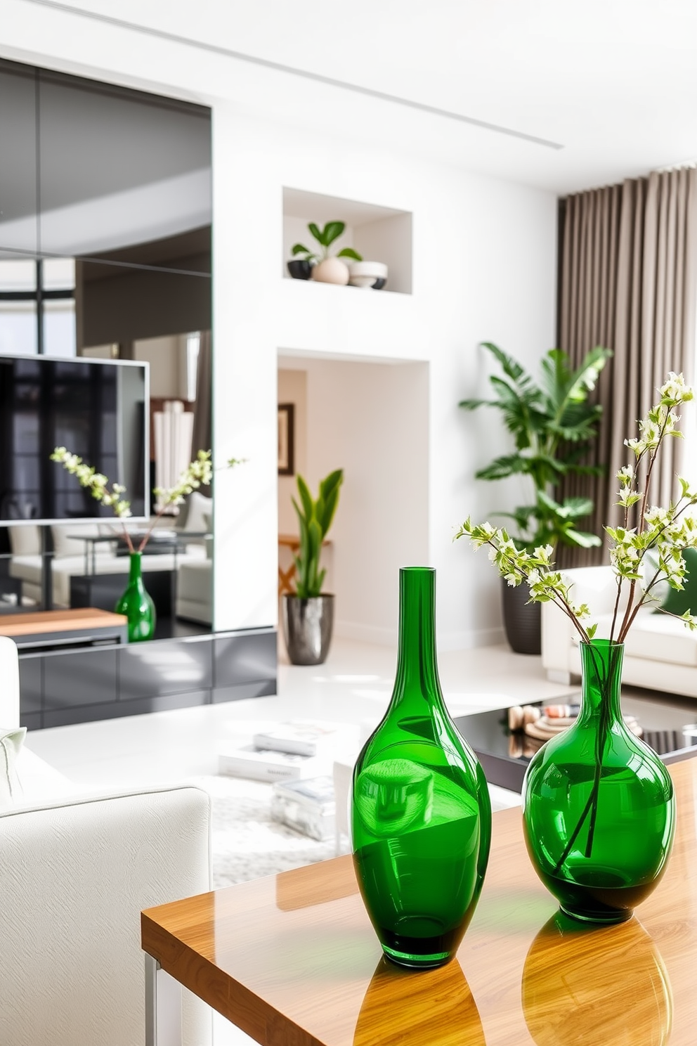 A modern living room featuring green glass vases that add a contemporary touch. The space is filled with natural light, highlighting the sleek furniture and vibrant greenery.