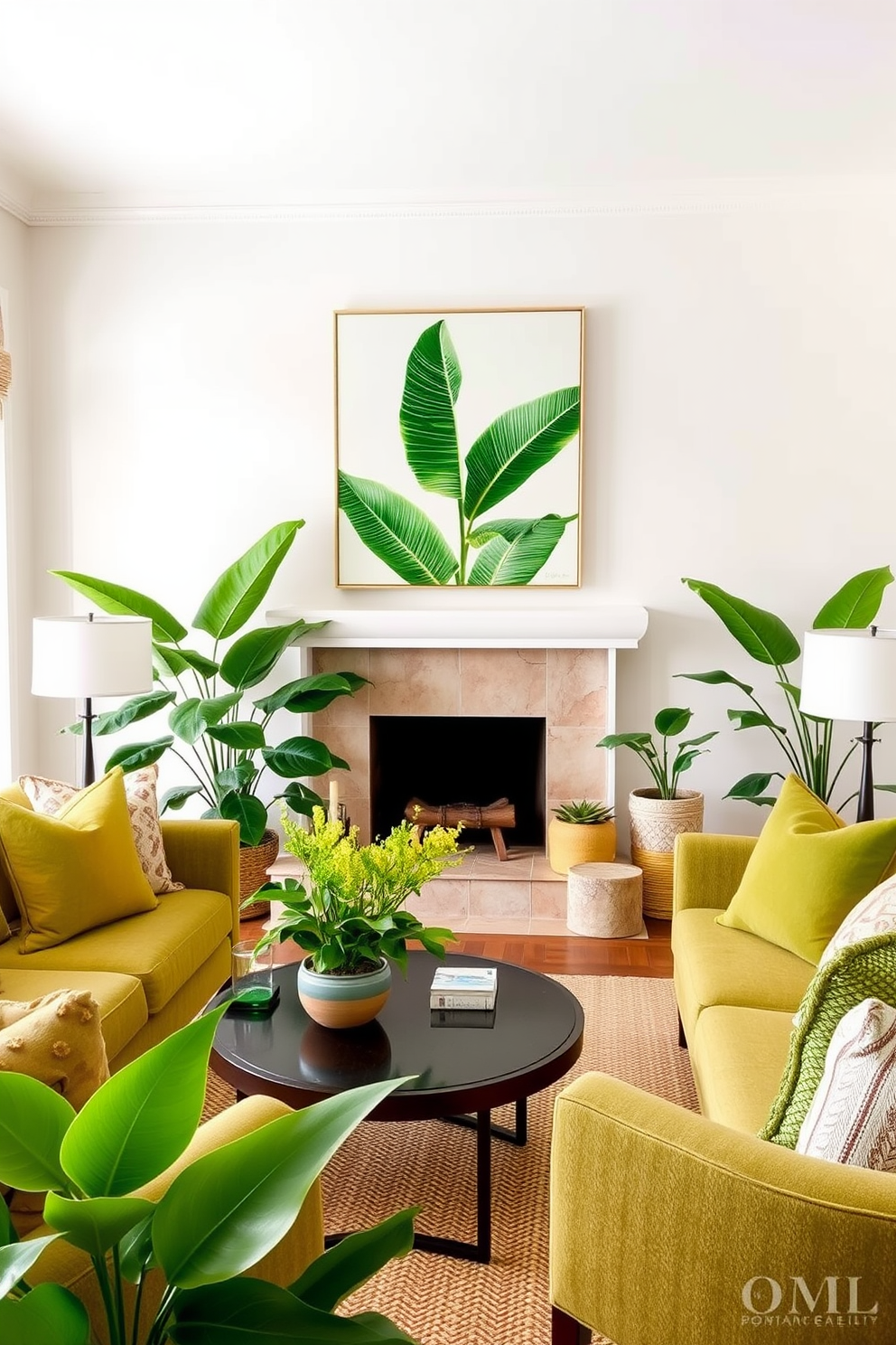 A serene living room setting with lush green accents. The space features a comfortable sectional sofa adorned with vibrant green and neutral throw pillows. Incorporate unique green lighting fixtures that cast a warm glow throughout the room. A large indoor plant adds life to the corner, complementing the earthy tones of the wooden coffee table.