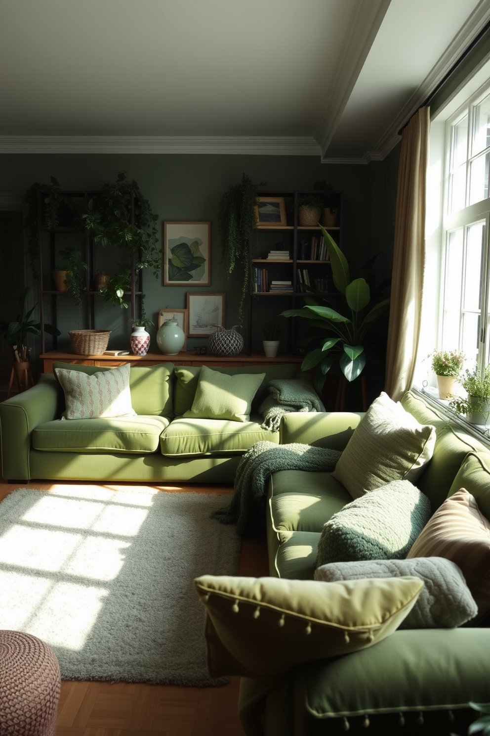 A cozy green living room filled with layered green textiles that create a warm and inviting atmosphere. Plush green sofas are adorned with a variety of textured cushions and throws in different shades of green, enhancing the room's comfort and style. Natural light pours in through large windows, illuminating the space and highlighting the rich hues of the textiles. A soft area rug in a lighter green tone anchors the seating area, while indoor plants add a touch of freshness and vibrancy.