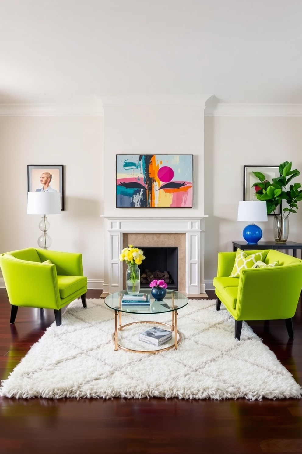 A vibrant living room featuring lime green accent chairs that add a pop of color to the space. The walls are painted in a soft neutral tone, complemented by a plush area rug and contemporary artwork that ties the room together.