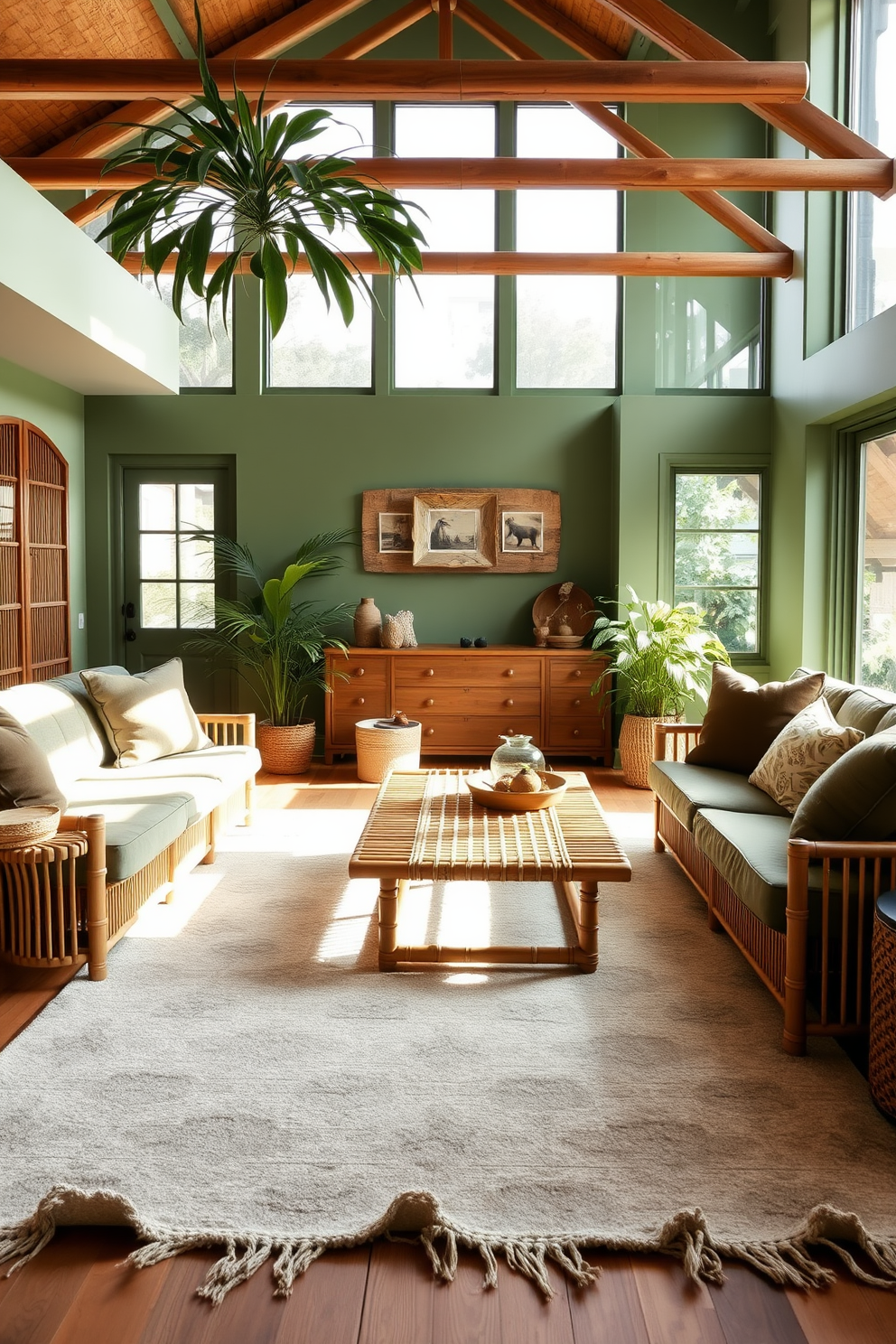 A serene green living room featuring bamboo furniture that exudes an eco-friendly vibe. The space is adorned with plush cushions in earthy tones and a large indoor plant that brings life to the room. Natural light floods through large windows, highlighting the bamboo coffee table surrounded by a cozy seating arrangement. A soft area rug with organic patterns anchors the space, creating a warm and inviting atmosphere.