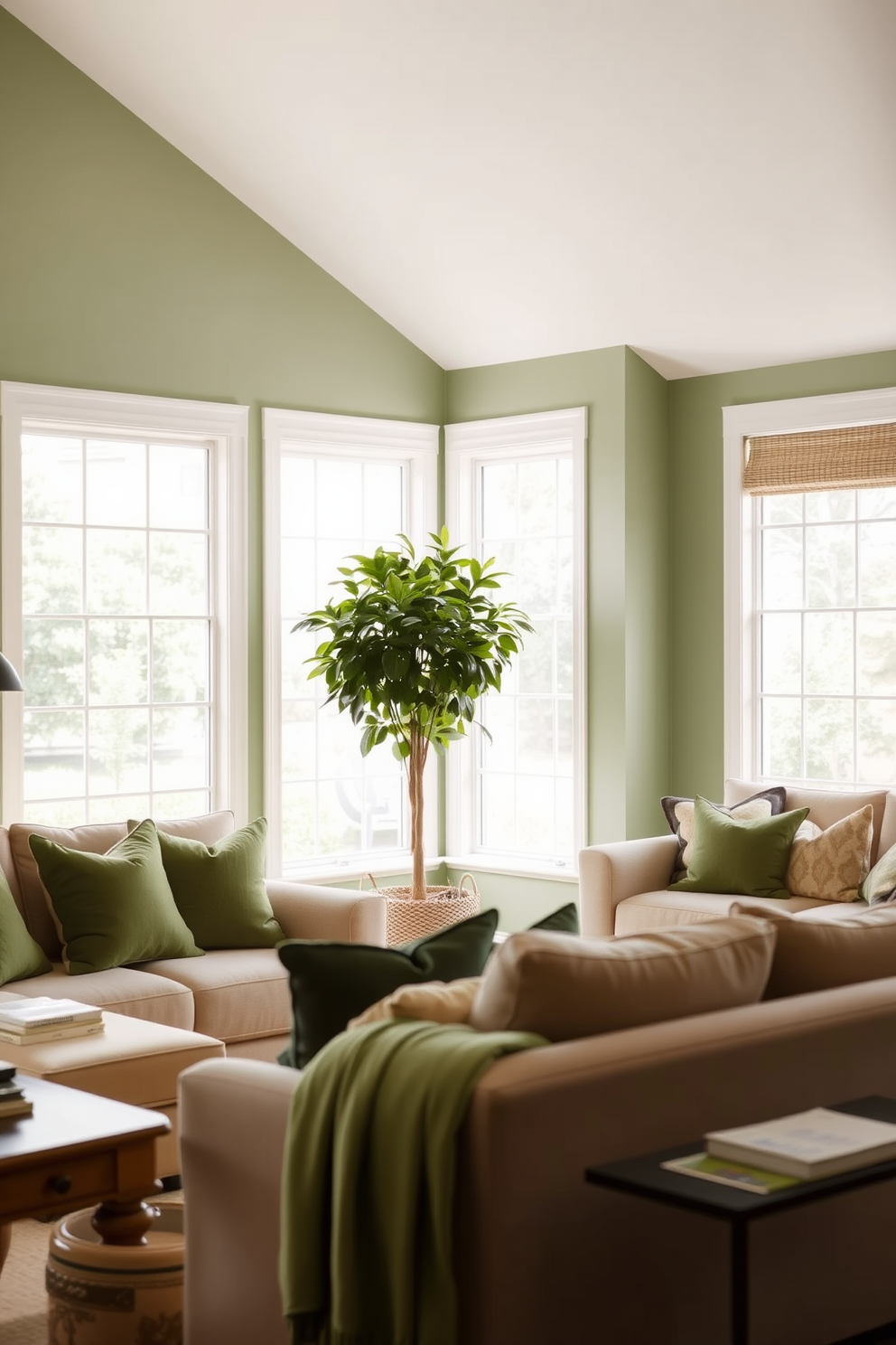 A serene living room design featuring a green and beige color scheme that promotes tranquility. The walls are painted in a soft green hue, complemented by beige furniture and accents throughout the space. A plush beige sofa is adorned with green throw pillows, creating a cozy and inviting atmosphere. Large windows allow natural light to flood in, highlighting a lush indoor plant in the corner for a touch of nature.