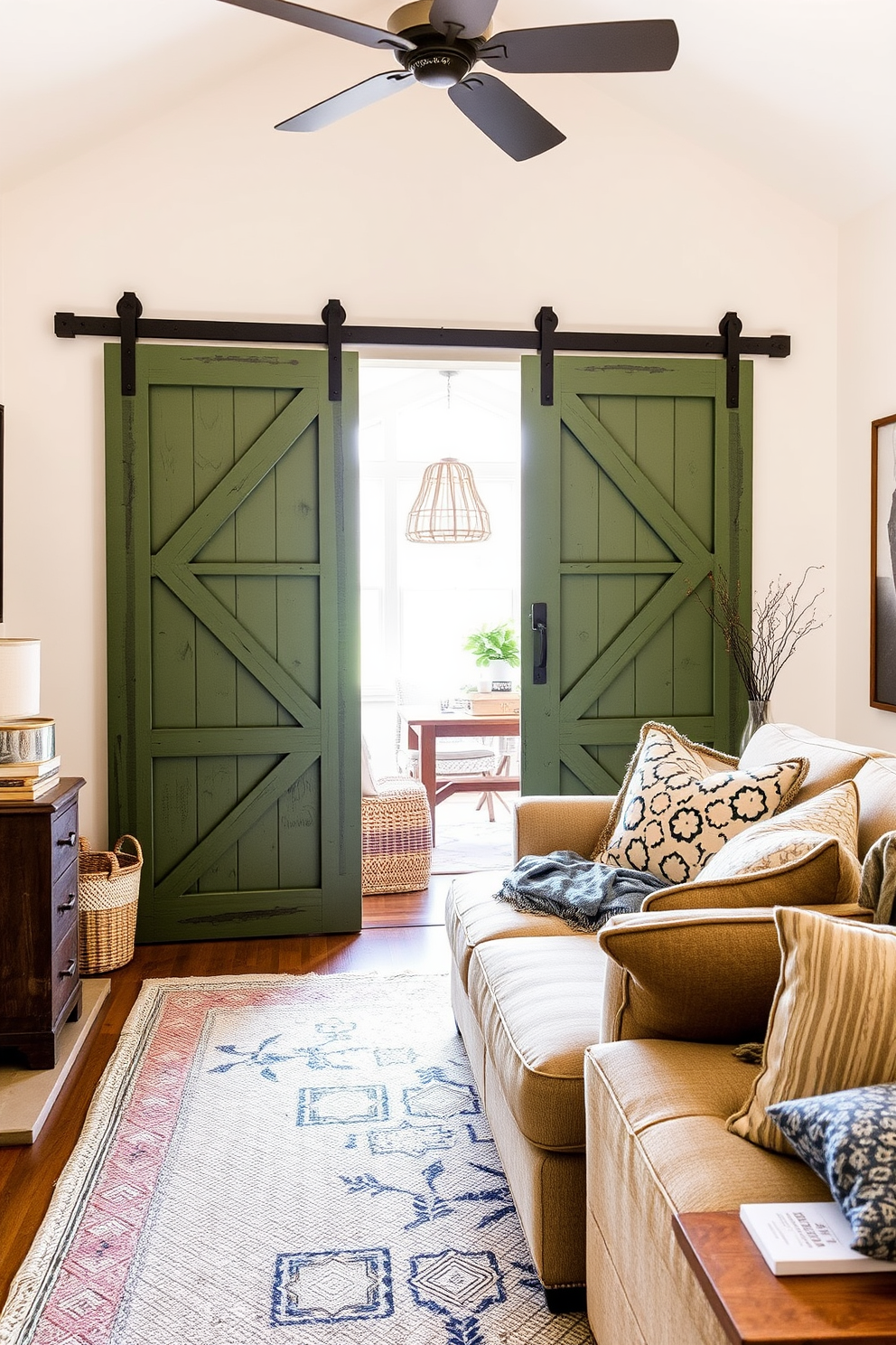 Rustic green barn doors add character to the space and create a warm inviting atmosphere. The living room features a cozy arrangement with a plush sectional sofa, layered textiles, and natural wood accents.