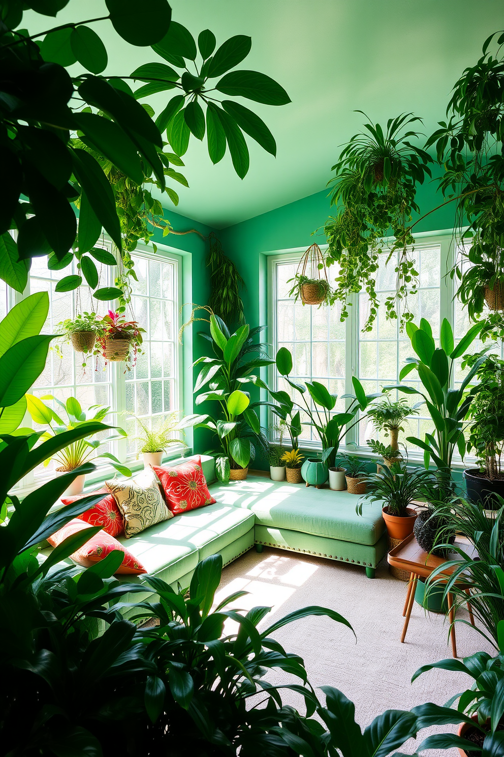 A stylish living room that incorporates green decorative trays for organization. The trays are arranged on a sleek coffee table, complemented by a plush sofa and accent chairs in neutral tones. The walls are painted in a soft cream color, enhancing the natural light flowing through large windows. A vibrant indoor plant adds a touch of freshness, harmonizing with the green accents throughout the space.