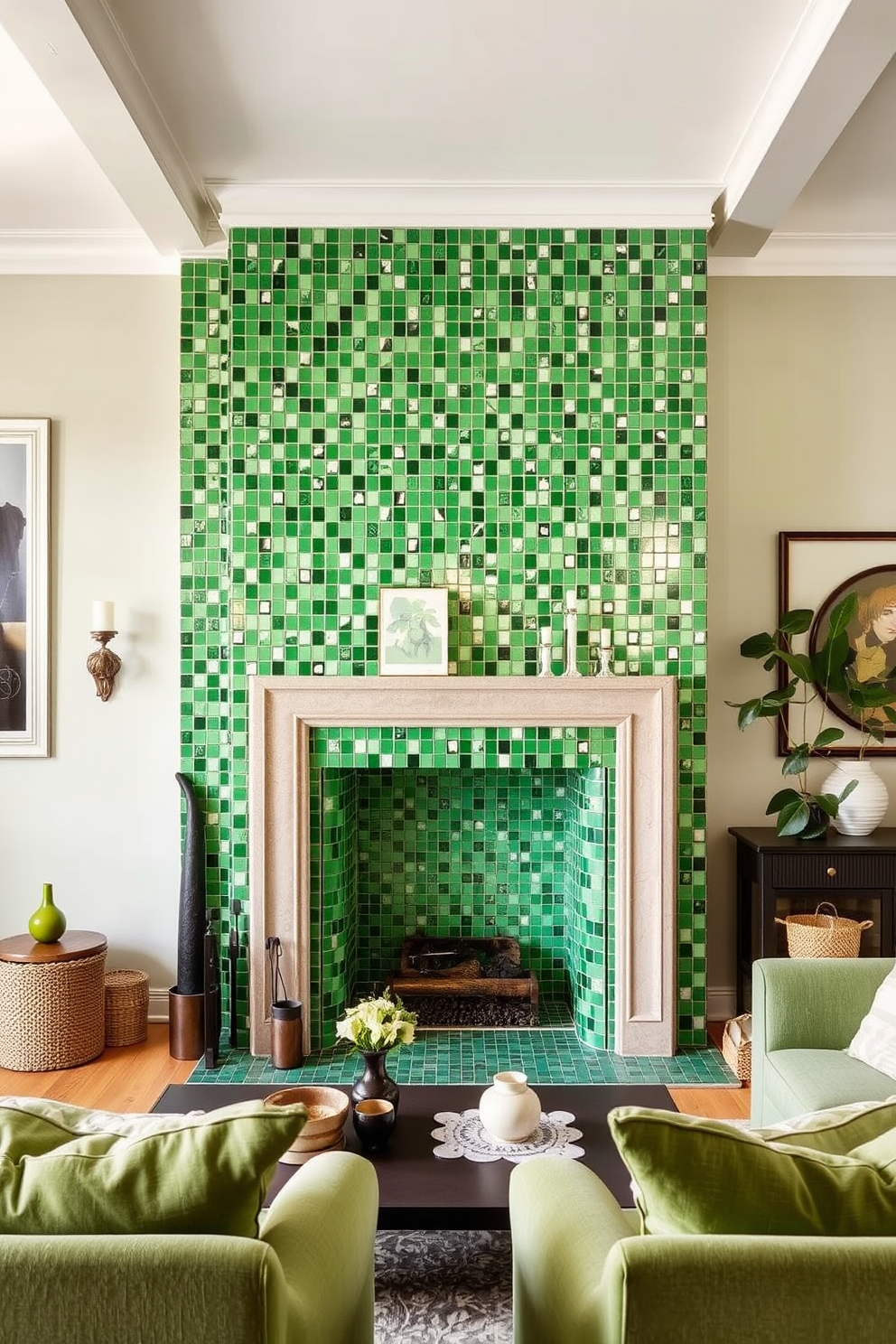 A unique fireplace adorned with green mosaic tiles creates a stunning focal point in the room. The vibrant tiles reflect light beautifully, adding depth and texture to the space. The living room features a harmonious blend of soft green hues and natural materials. Plush seating arrangements invite relaxation, complemented by decorative accents that enhance the overall aesthetic.