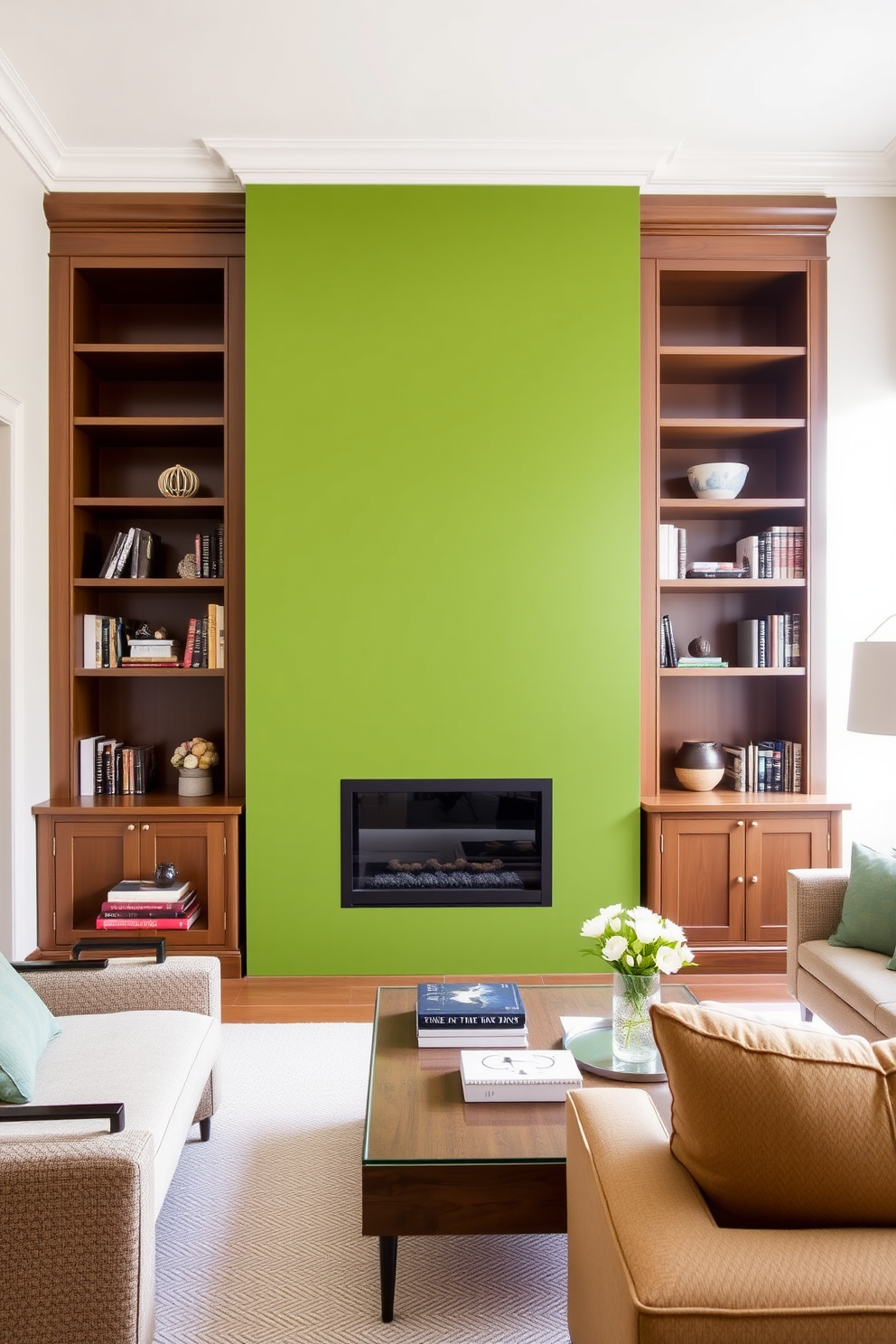 A charming green living room features a cozy fireplace with a stylish green surround that adds a pop of color to the space. The room is adorned with plush sofas in neutral tones, accented by vibrant green cushions and a soft area rug that ties the design together.