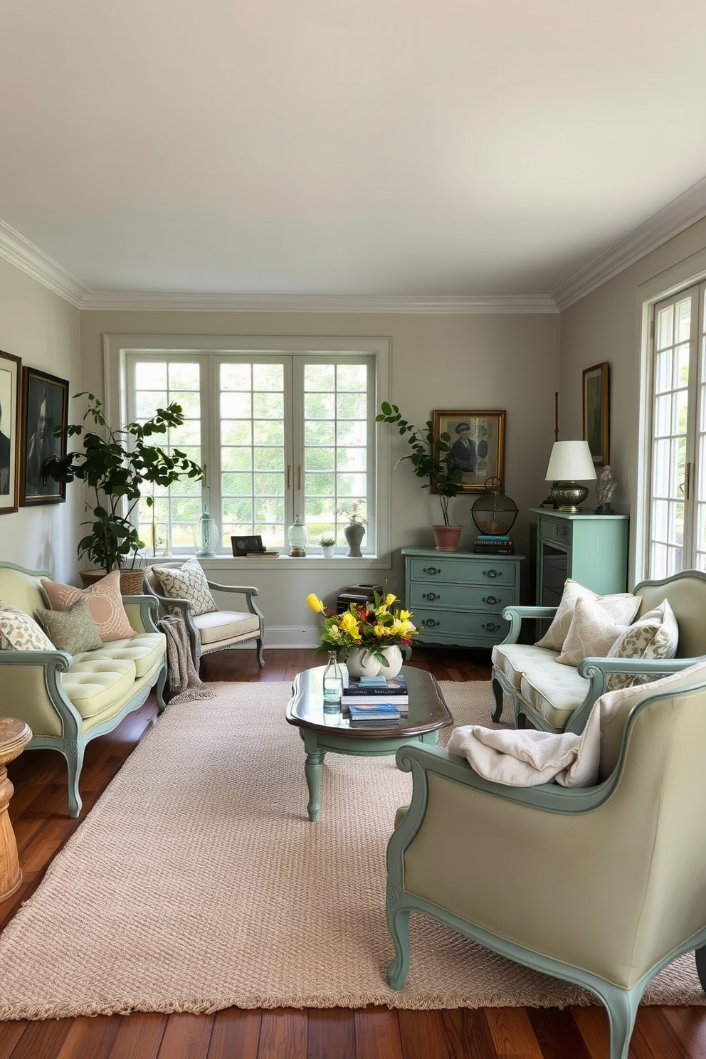 A cozy living room featuring vintage furniture painted in a subtle green hue. The space is adorned with plush cushions and a textured area rug, creating a warm and inviting atmosphere. Natural light floods the room through large windows, highlighting the intricate details of the vintage pieces. A mix of contemporary art and greenery adds a fresh touch to the overall design.