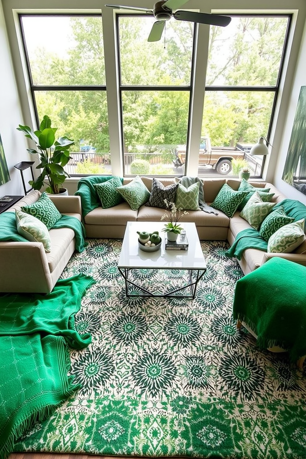 A stylish living room featuring geometric green patterns on throw blankets. The space includes a plush sectional sofa adorned with various textured cushions and a modern coffee table at the center. Large windows allow natural light to flood the room, highlighting the vibrant green hues. A statement rug with complementary patterns ties the design together, creating a cozy yet sophisticated atmosphere.