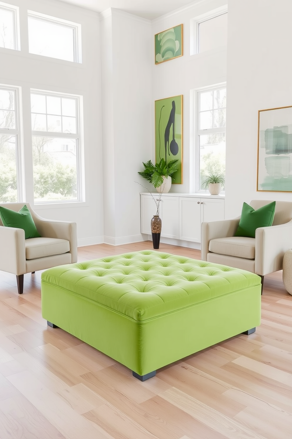 Bright green ottoman for versatile seating. The ottoman is plush and inviting, placed centrally in a spacious living room adorned with light wood flooring and large windows that allow natural light to flood the space. Surrounding the ottoman are a pair of modern armchairs upholstered in a soft beige fabric. The walls are painted a crisp white, complemented by vibrant green accents in the form of throw pillows and decorative art pieces.