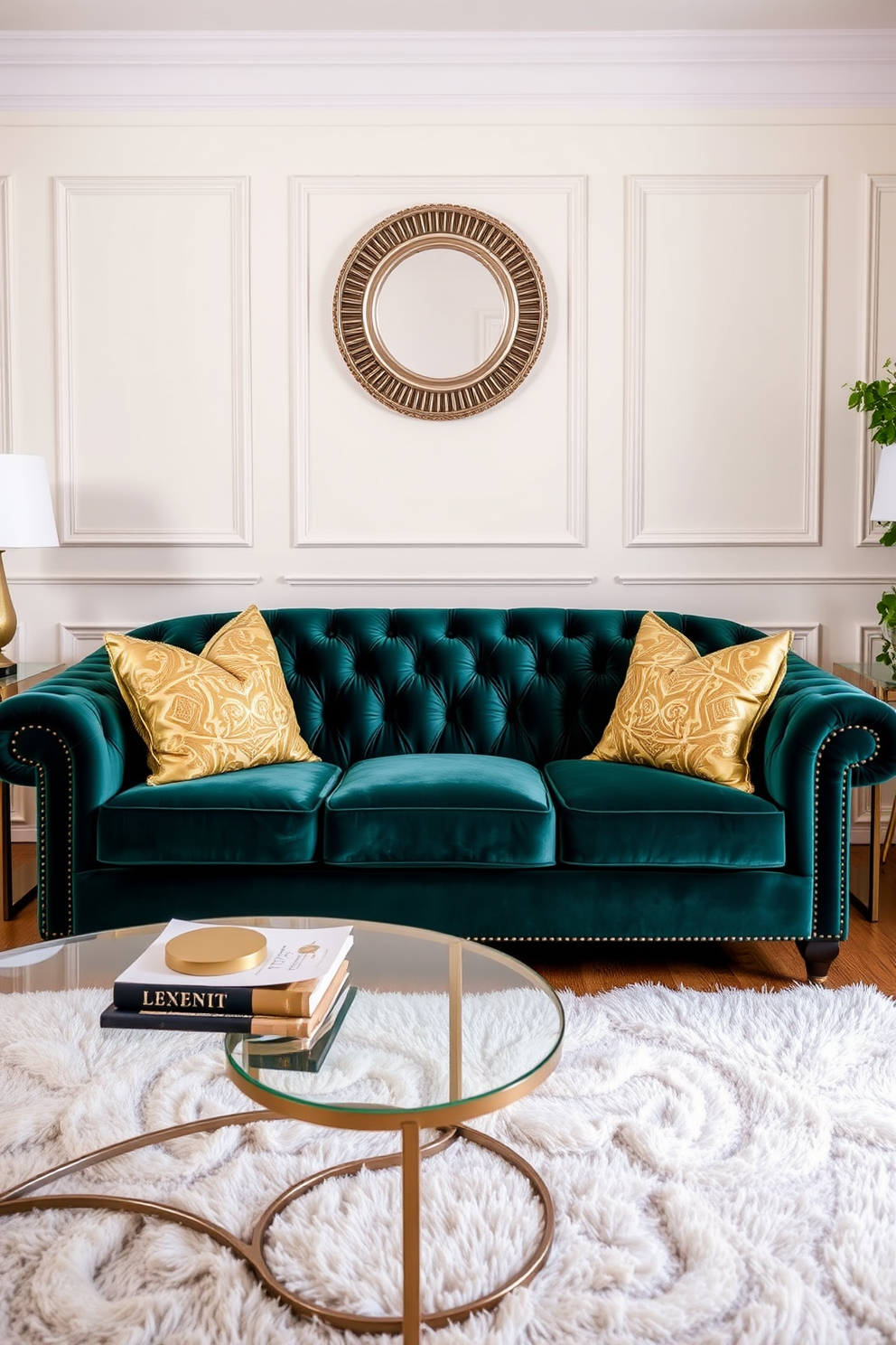 A luxurious living room featuring an emerald velvet sofa adorned with gold accent pillows. The walls are painted in a soft cream color, and a stylish coffee table sits in front of the sofa, complemented by a plush area rug.