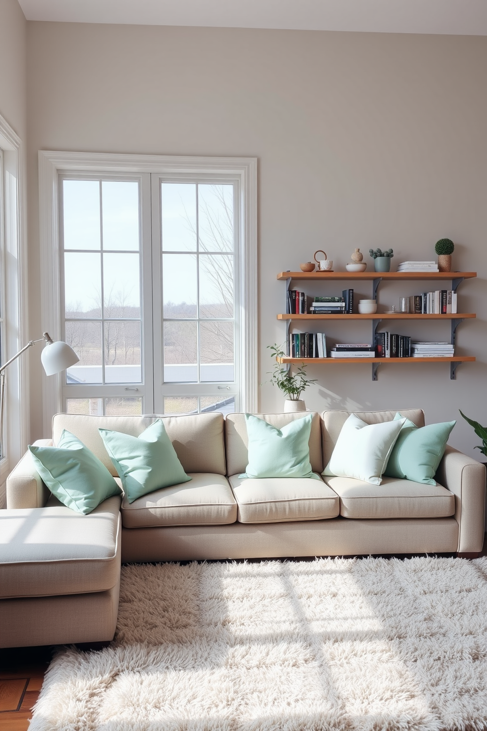 A cozy living room featuring a neutral-colored couch adorned with mint green throw pillows. Large windows allow natural light to flood the space, enhancing the soft tones of the decor. Stylish shelves are mounted on the walls, showcasing a collection of books and decorative items. A plush area rug in a light shade anchors the seating area, creating an inviting atmosphere.