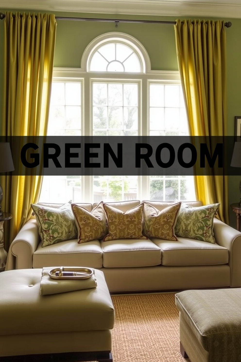 Create a cozy green living room featuring olive green curtains that softly frame the windows. The space should include a plush sofa adorned with patterned throw pillows and a warm area rug that complements the color scheme.