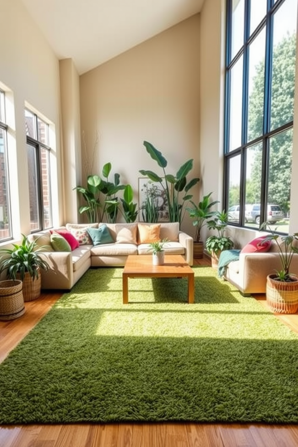 A cozy living room featuring a forest green area rug made of natural fibers that adds warmth to the space. The walls are painted in a soft beige tone, complemented by a comfortable sectional sofa adorned with colorful throw pillows. Large windows allow natural light to flood the room, highlighting a wooden coffee table in the center. A collection of indoor plants is placed around the room, creating a refreshing and inviting atmosphere.