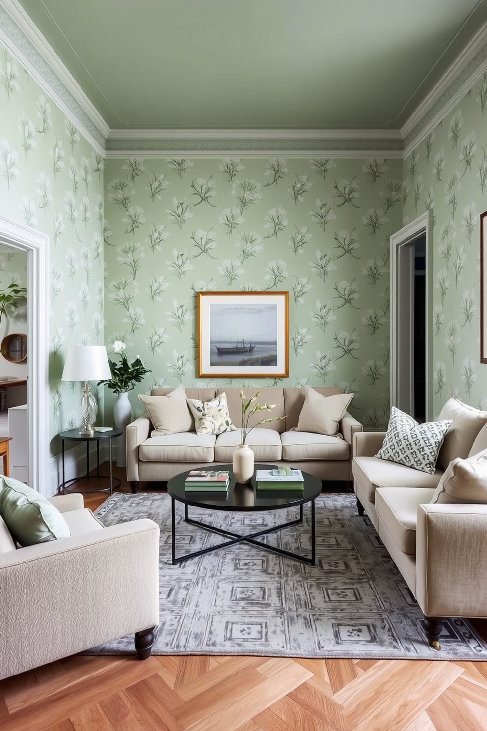 A serene green living room adorned with pale green wallpaper featuring delicate botanical prints. The space is filled with plush seating in neutral tones, complemented by a large area rug that adds warmth and texture.