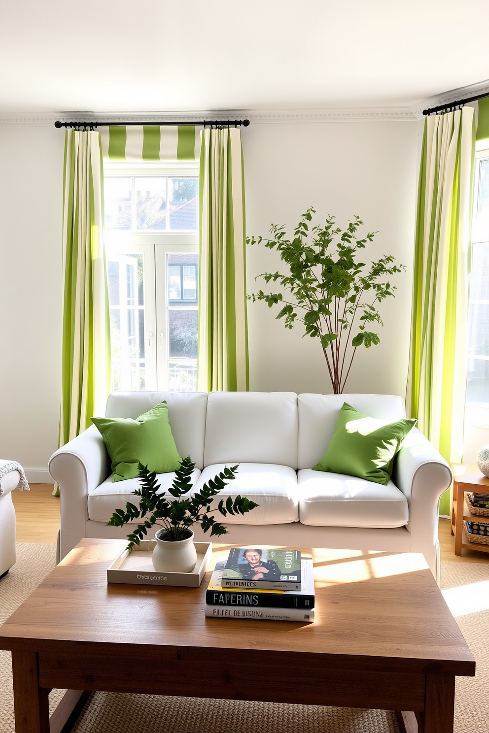 A vibrant green living room filled with natural light. The walls are painted in a rich emerald hue, complemented by metallic gold accents in the light fixtures and decorative accessories. A plush sofa in a soft cream color is adorned with green and gold patterned throw pillows. A sleek coffee table with a glass top and gold legs sits in the center, surrounded by a mix of textured rugs that add warmth to the space.