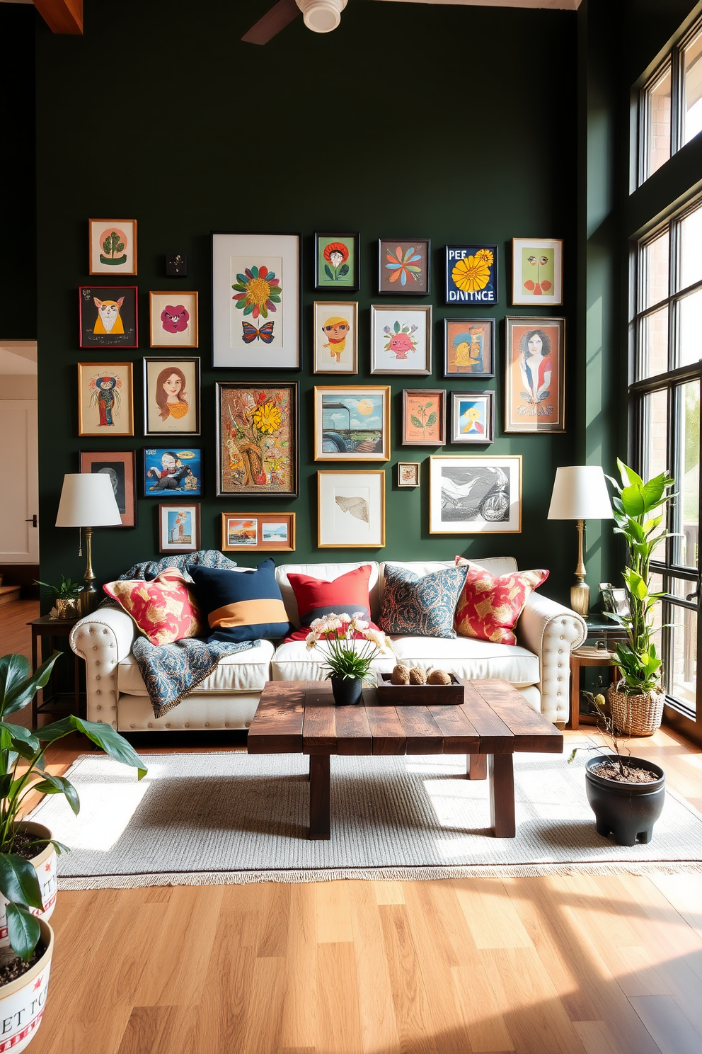 A dark green feature wall adorned with an assortment of vibrant artwork creates a striking focal point in the living room. The space is complemented by a plush cream sofa and a mix of colorful throw pillows that add warmth and texture. Natural light pours in through large windows, illuminating a stylish coffee table made of reclaimed wood. A cozy area rug in neutral tones anchors the seating arrangement, while potted plants bring a touch of nature indoors.