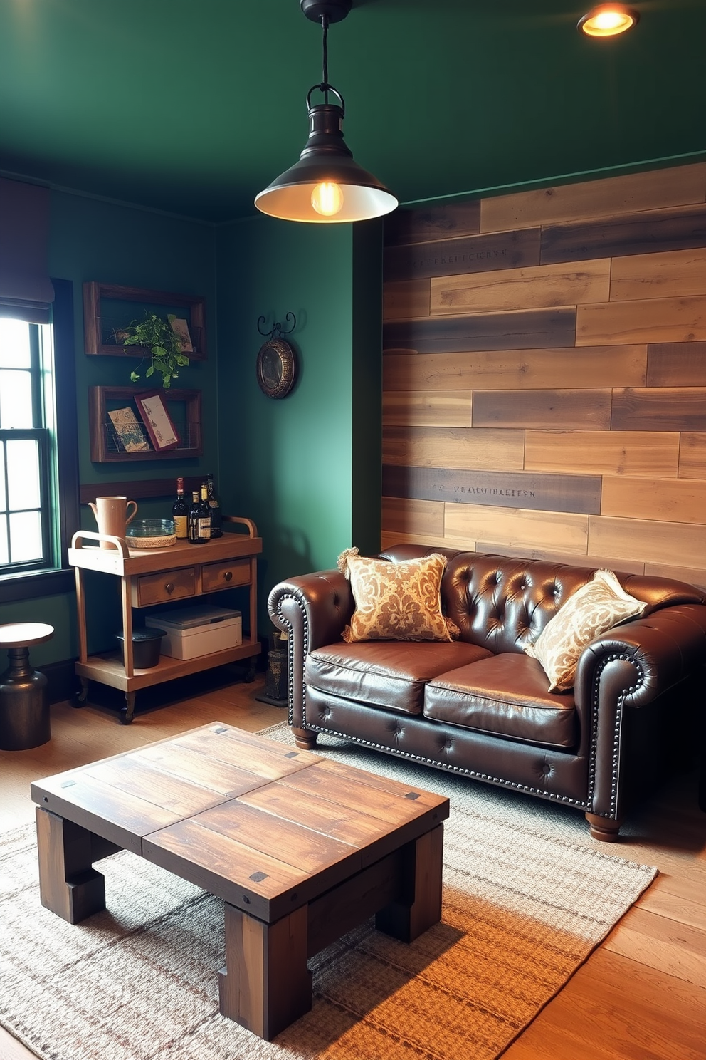 A cozy man cave featuring green walls adorned with rustic wood accents. The space includes a plush leather sofa and a reclaimed wood coffee table, creating a warm and inviting atmosphere. In one corner, a vintage bar cart made of distressed wood adds character and functionality. Soft lighting from stylish pendant fixtures enhances the relaxing vibe of the room.