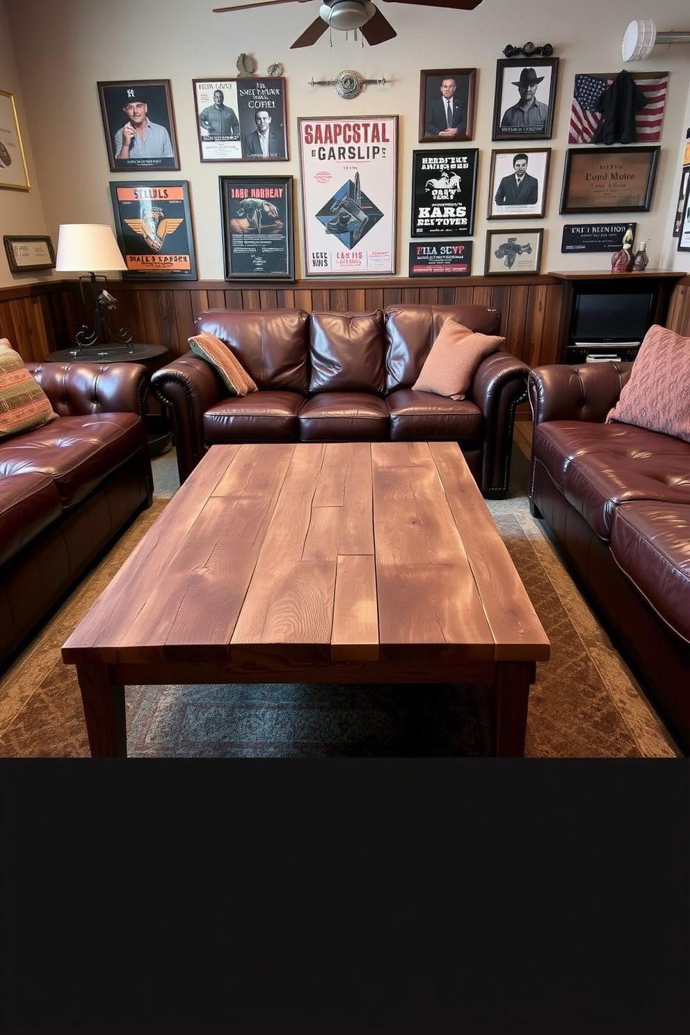 A reclaimed wood coffee table serves as the centerpiece of the room, showcasing its unique textures and natural imperfections. Surrounding the table are leather sofas in deep shades of brown, creating a cozy and inviting atmosphere. The walls are adorned with rustic decor, including vintage posters and framed memorabilia that reflect a masculine aesthetic. Soft lighting from industrial-style fixtures enhances the ambiance, making it the perfect space for relaxation and entertainment.