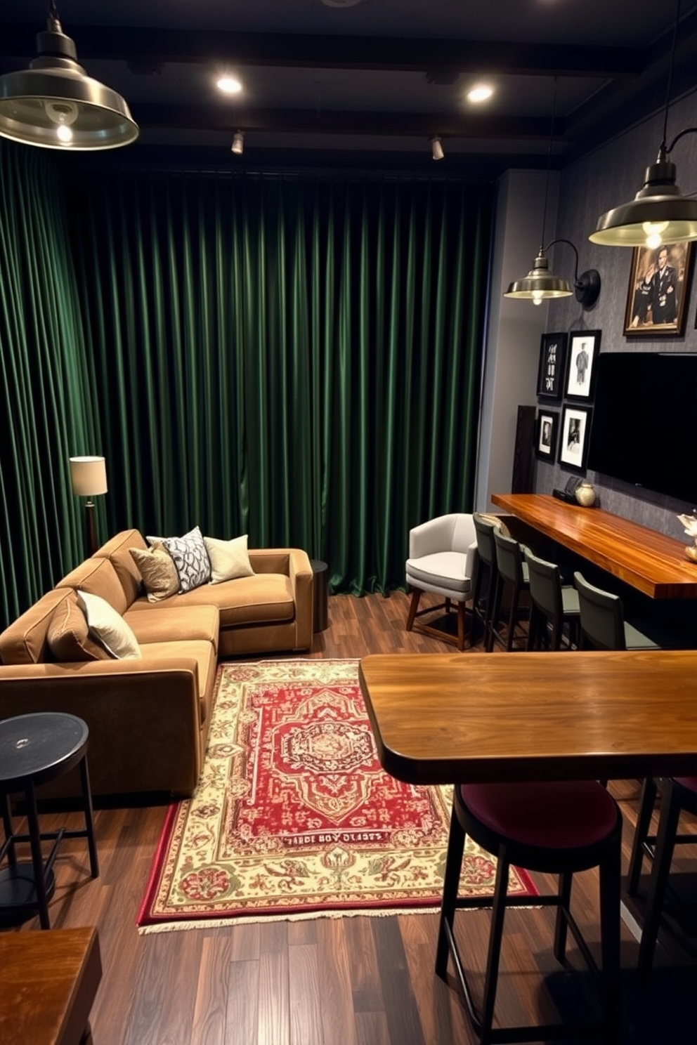 A sophisticated man cave featuring deep green velvet curtains that add an air of elegance to the space. The room includes a plush sectional sofa, a sleek wooden bar with high stools, and a large flat-screen TV mounted on the wall. The decor incorporates dark wood accents and industrial lighting fixtures to create a cozy yet stylish atmosphere. A vintage rug anchors the seating area, while framed artwork and memorabilia adorn the walls for a personal touch.