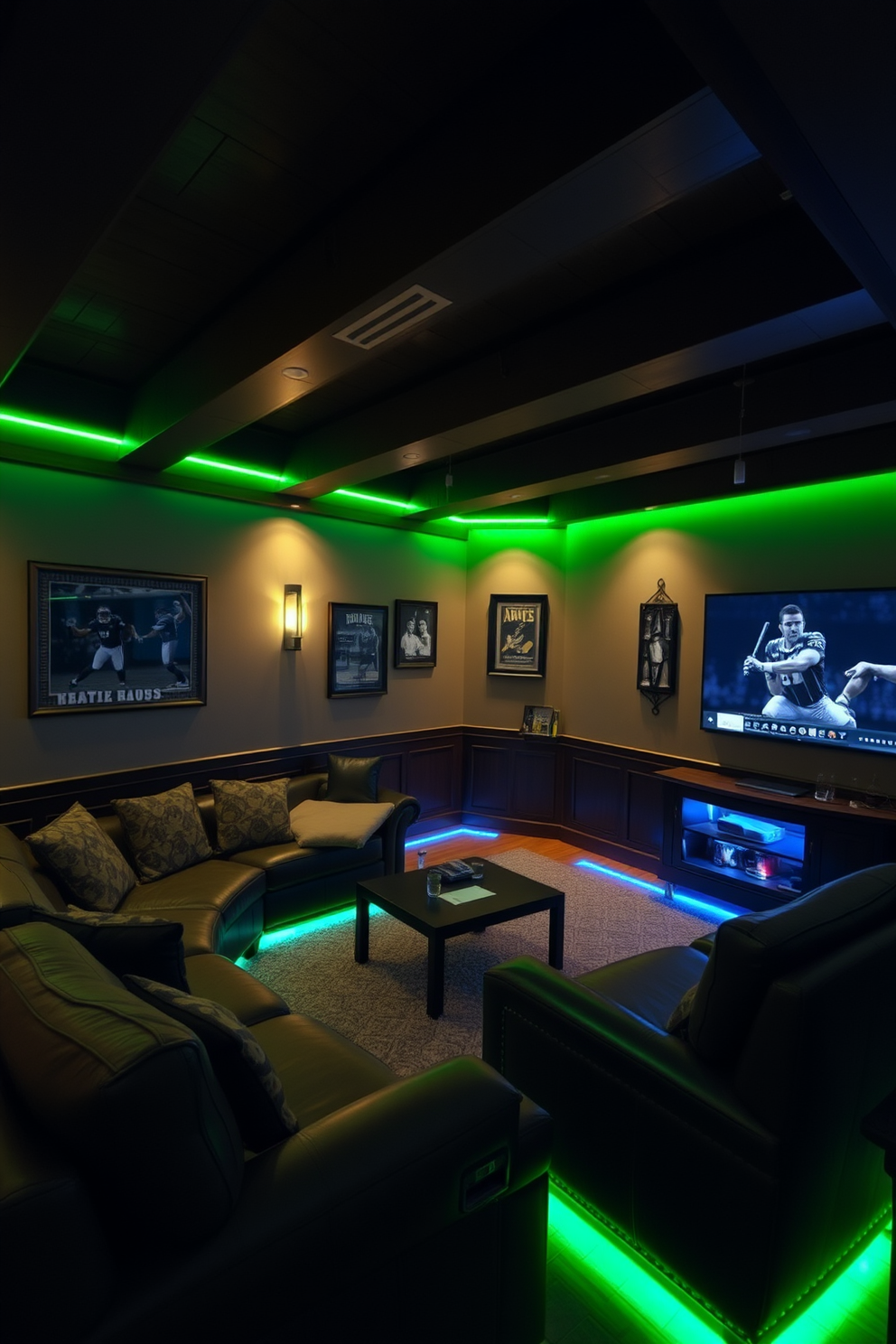 A cozy man cave featuring mood lighting with green LED strips that highlight the room's architectural details. The space includes a plush sectional sofa, a sleek coffee table, and a large flat-screen TV mounted on the wall, creating an inviting atmosphere for relaxation and entertainment. Incorporate dark wood accents and leather furnishings to enhance the masculine aesthetic of the design. Add personal touches such as framed sports memorabilia and a mini bar stocked with favorite beverages to complete the ultimate retreat.