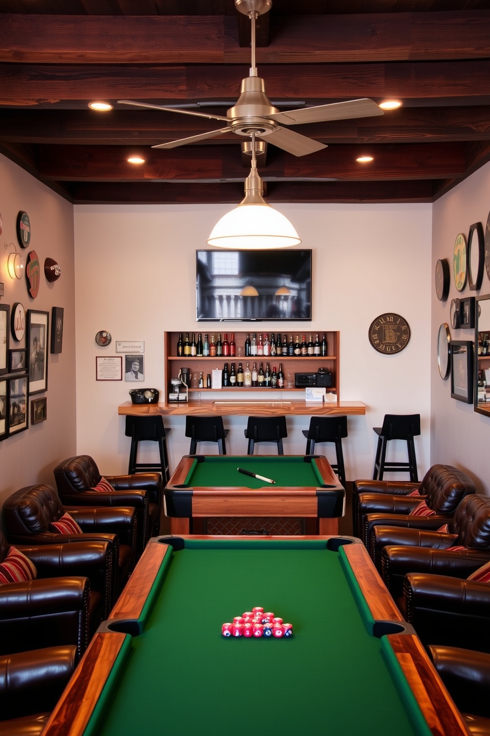 A cozy game area featuring a green felt table surrounded by plush leather chairs. The walls are adorned with sports memorabilia and ambient lighting creates a warm atmosphere. Incorporate a rustic wooden bar in one corner stocked with a variety of drinks. A large flat-screen TV is mounted above the bar, providing the perfect backdrop for game nights.