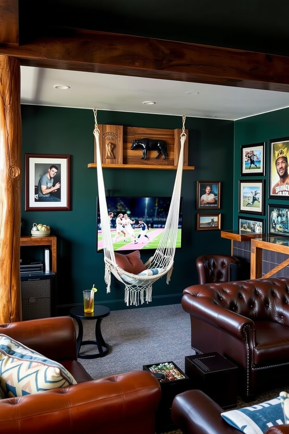 A cozy relaxation corner featuring a hammock chair suspended between two sturdy wooden posts. The area is adorned with soft cushions and a small side table holding a refreshing drink. A stylish man cave designed with deep green walls and leather furniture. The space includes a large flat-screen TV, a rustic wooden bar, and framed sports memorabilia adorning the walls.