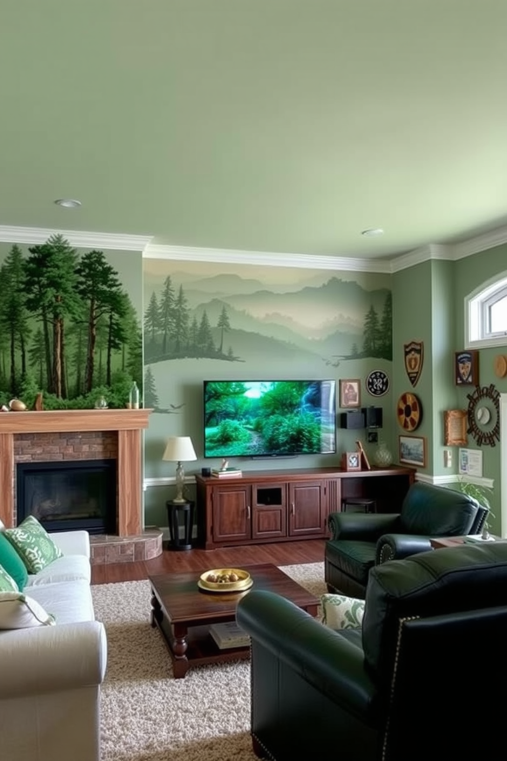 A serene living room adorned with green-themed wall decals depicting lush forests and tranquil nature scenes. The walls are a soft sage green, creating a calming atmosphere complemented by natural wood accents and plush white furnishings. A cozy man cave featuring deep green walls with vintage sports memorabilia and a rustic wooden bar. Comfortable leather seating and a large screen for viewing games complete the inviting space, making it perfect for relaxation and entertainment.