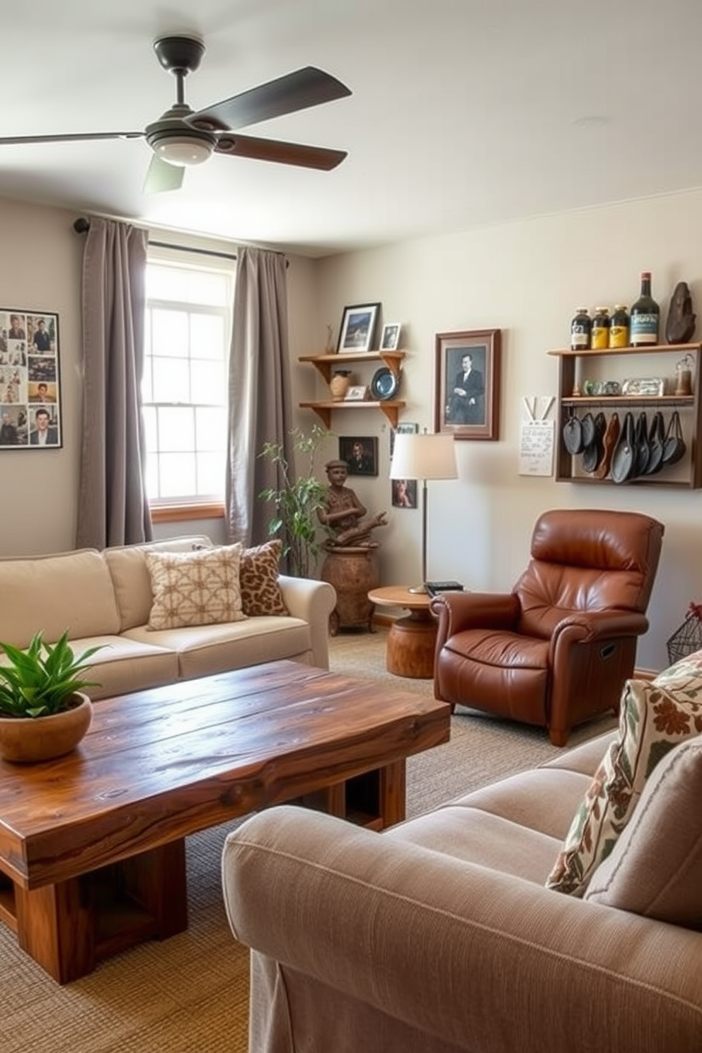 A serene living room featuring sustainable materials with eco-friendly design principles. The space includes a reclaimed wood coffee table and a sofa upholstered in organic cotton fabric, creating a warm and inviting atmosphere. A stylish man cave designed with earthy tones and natural elements. The room showcases a leather recliner made from recycled materials and a wall adorned with reclaimed wood shelves displaying personal memorabilia.