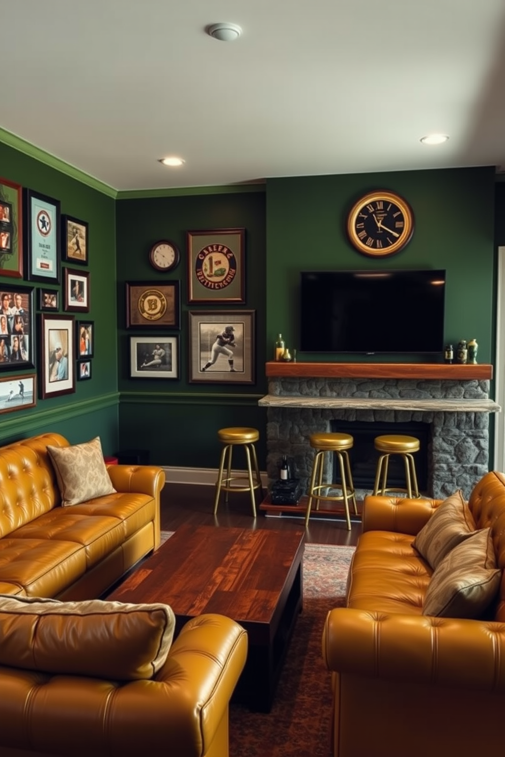 A cozy man cave featuring a deep green accent wall adorned with framed vintage sports memorabilia. The furniture includes a plush golden leather sectional and a reclaimed wood coffee table, creating a warm and inviting atmosphere. In one corner, a custom-built bar showcases a rich mahogany finish with gold bar stools. Soft ambient lighting highlights the space, while a large flat-screen TV is mounted above a stone fireplace, perfect for entertaining friends.