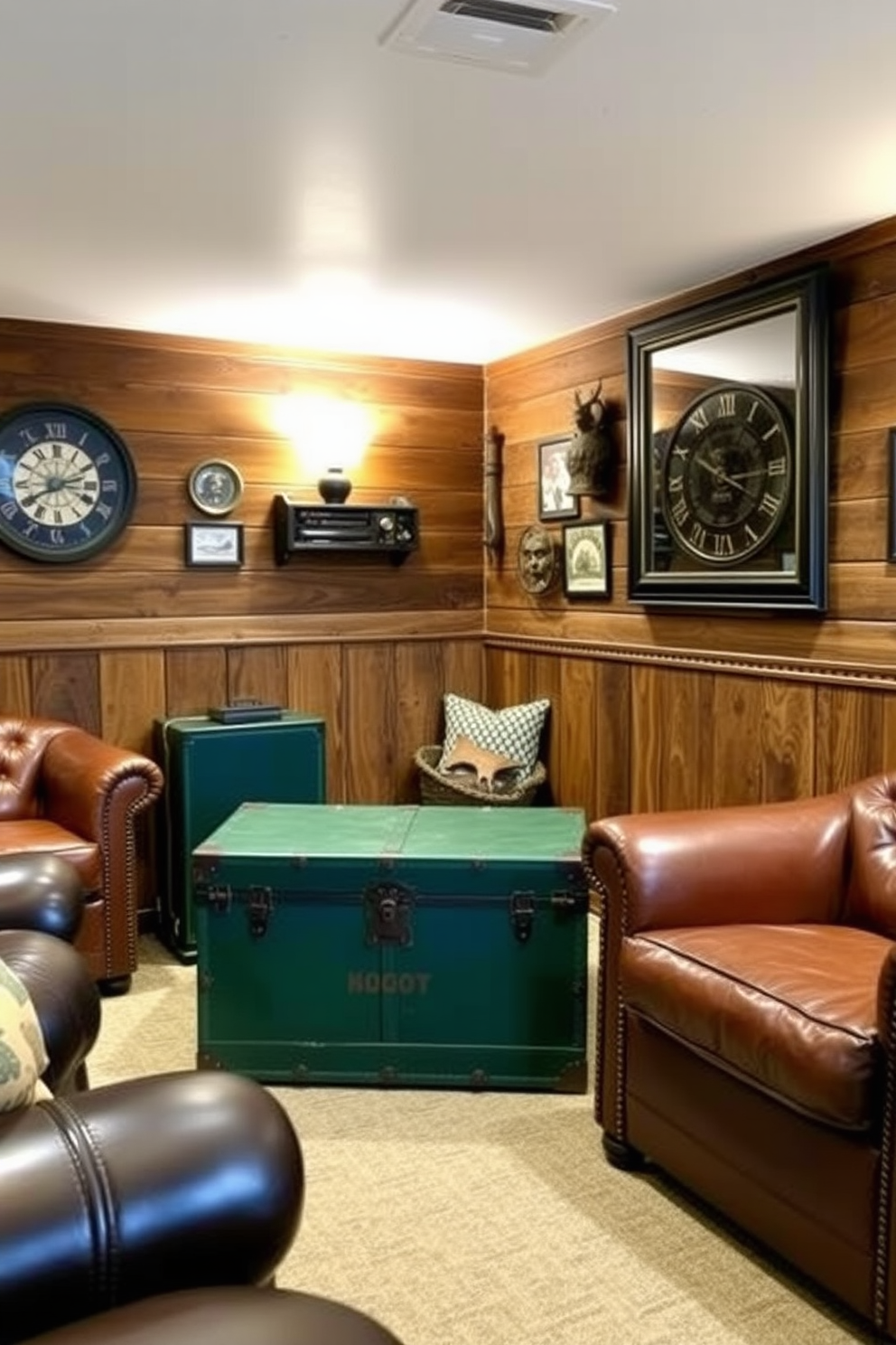 A cozy man cave featuring an antique green trunk used for storage sits prominently in the corner. The walls are adorned with rustic wood paneling, and the space is filled with comfortable leather seating and vintage decor.