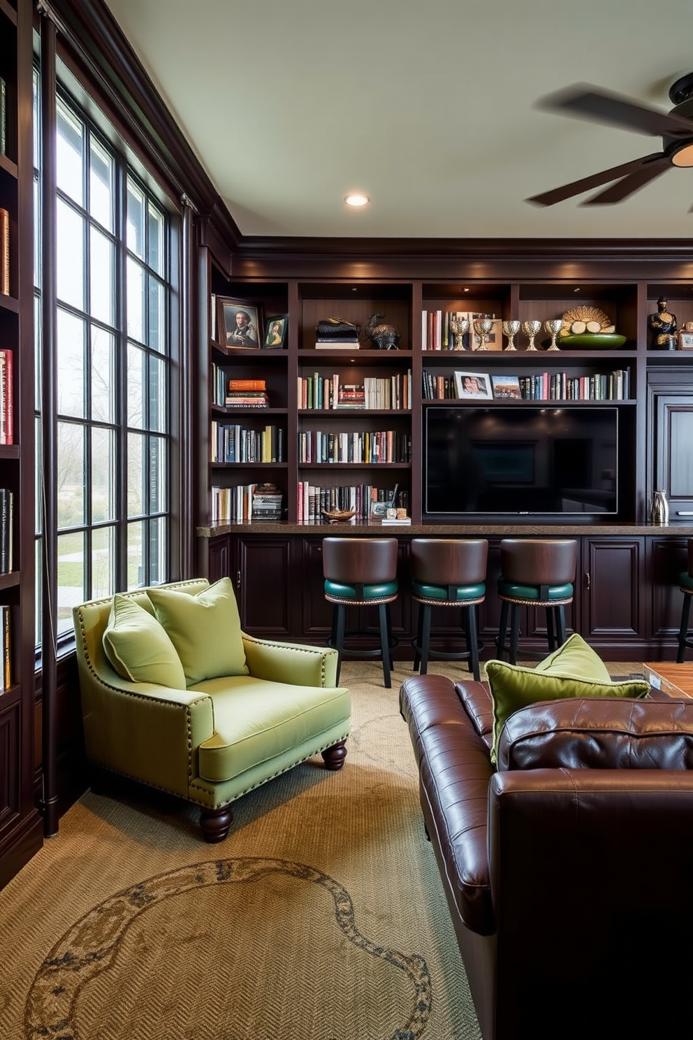 Cozy reading nook with green cushions. A plush armchair is positioned next to a large window, surrounded by shelves filled with books. Green Man Cave Design Ideas. The space features a dark wood bar with high stools, complemented by a comfortable leather sofa and a large flat-screen TV.