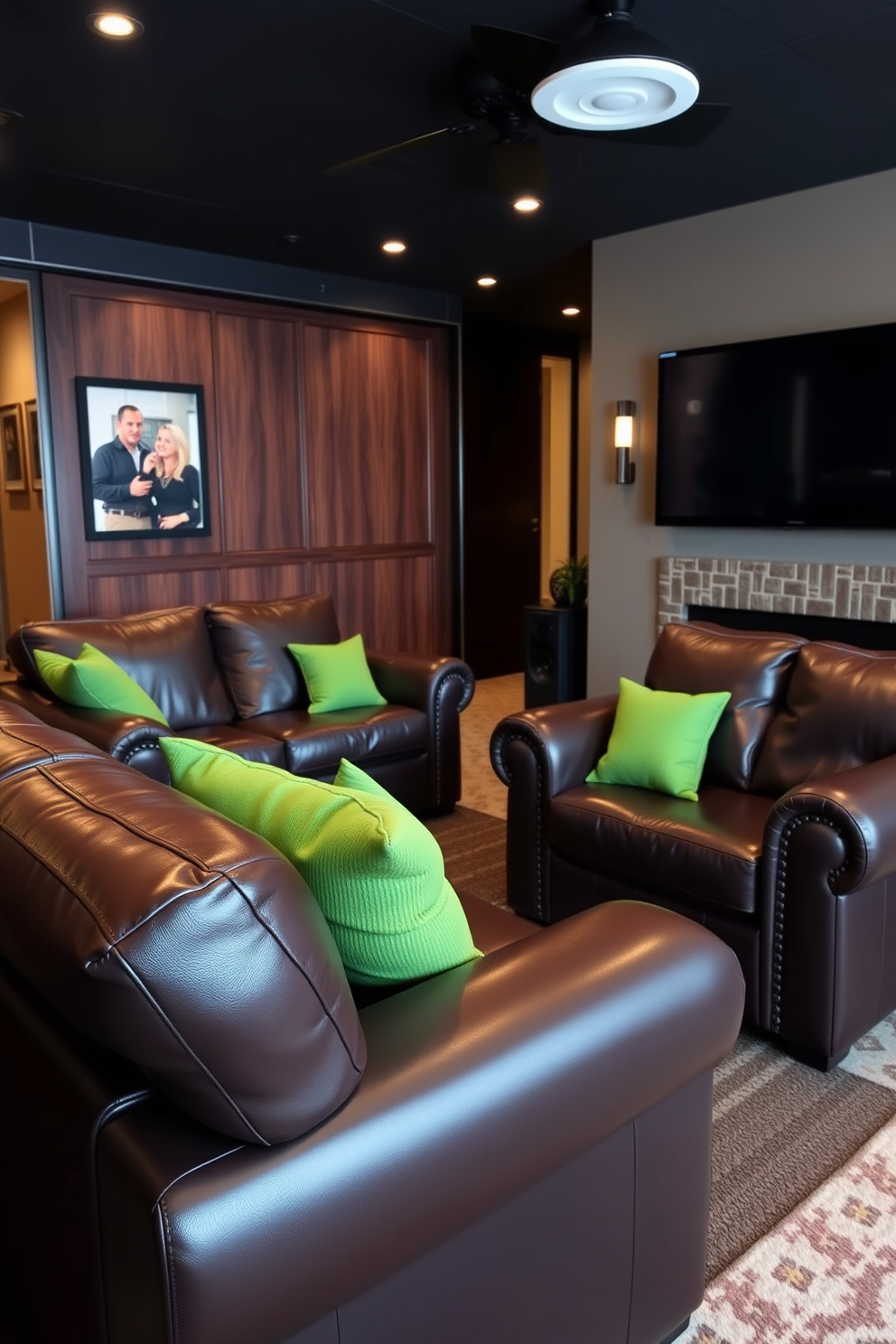 A stylish man cave featuring rich leather furniture complemented by vibrant green throw pillows. The space is designed for relaxation and entertainment, with a large flat-screen TV mounted on the wall and ambient lighting to create a cozy atmosphere.