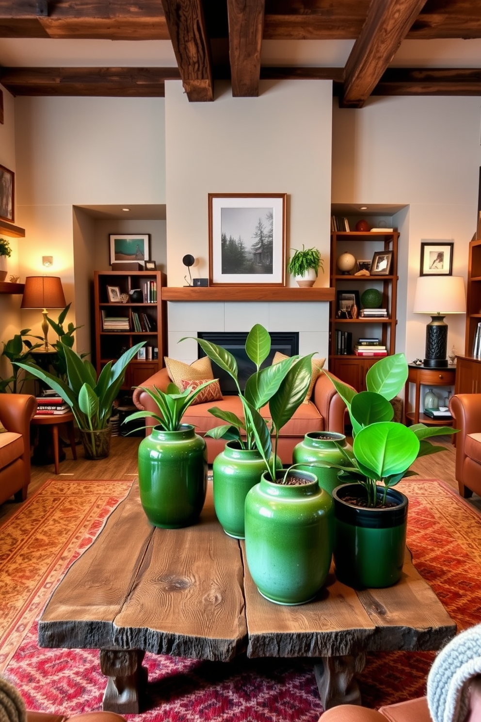 A stylish man cave featuring green ceramic planters that add a touch of nature to the space. The room is designed with comfortable seating, warm lighting, and rustic wooden accents to create a cozy atmosphere. The walls are adorned with framed artwork and shelves filled with books and collectibles. A central coffee table made of reclaimed wood complements the green planters and enhances the overall aesthetic of the man cave.