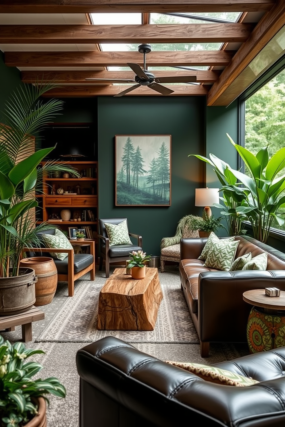 A cozy man cave featuring whiskey barrel accents throughout the space. The walls are adorned with reclaimed wood, and a large whiskey barrel serves as a unique coffee table in the center. Comfortable leather seating invites relaxation, while vintage whiskey bottles line the shelves above a rustic bar area. Warm lighting creates an inviting atmosphere, complemented by earthy tones and textured fabrics.