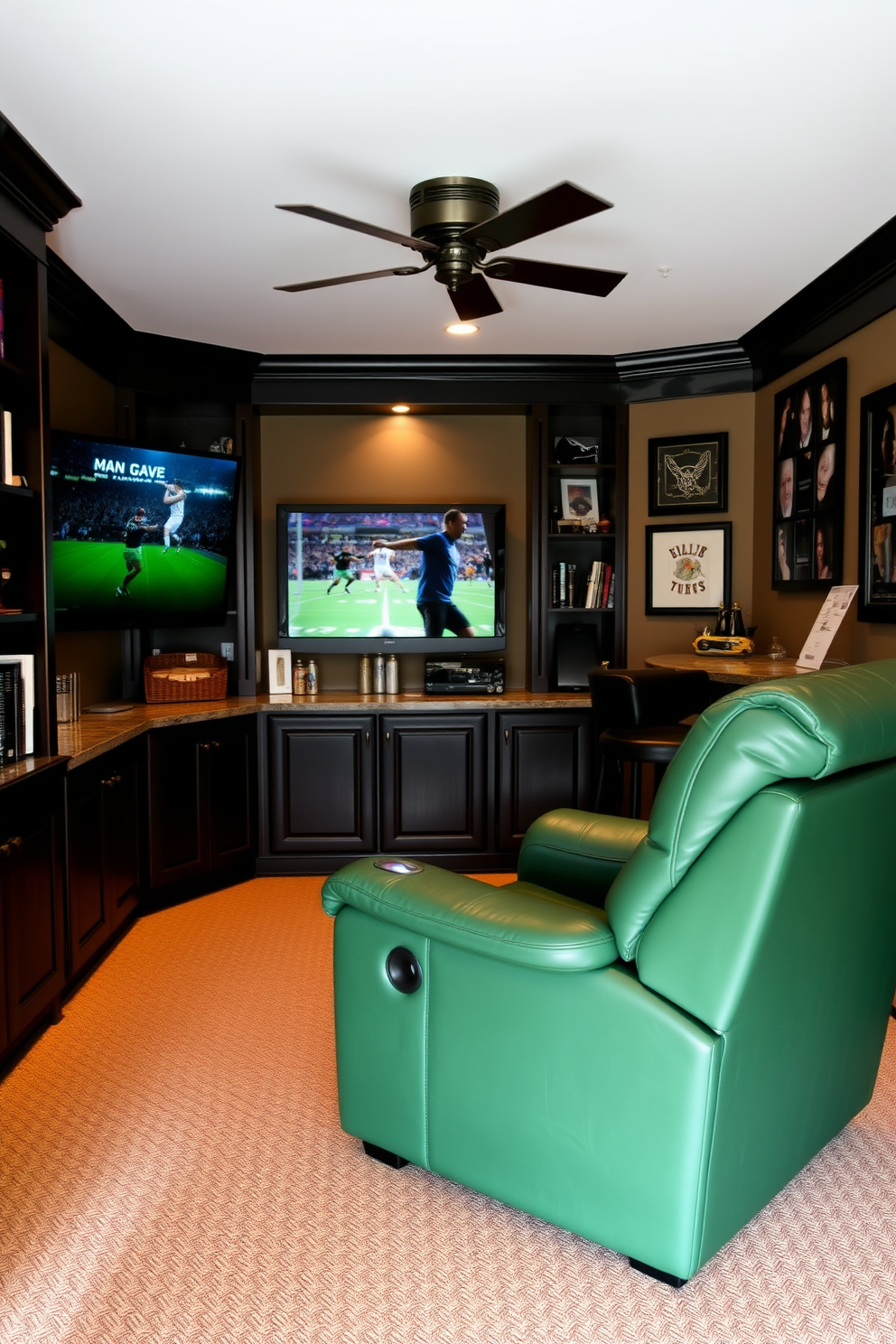 A cozy man cave featuring a green leather recliner positioned in front of a large flat-screen TV mounted on the wall. The room is accented with dark wood shelves filled with books and memorabilia, and ambient lighting creates a warm atmosphere. Incorporate a mini bar area with a sleek countertop and high stools, perfect for entertaining friends. The walls are adorned with sports memorabilia and framed posters, enhancing the theme of relaxation and leisure.