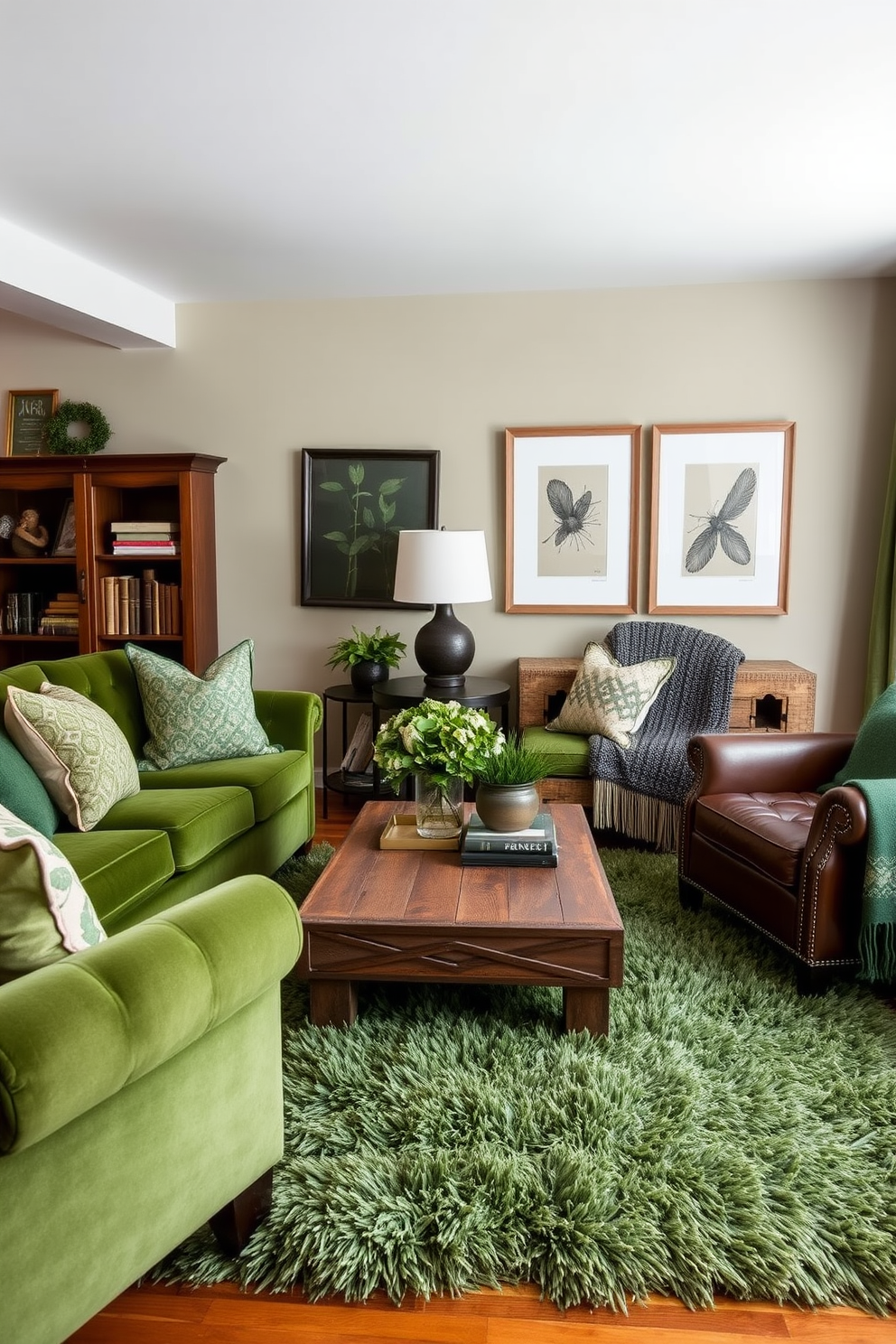 A cozy man cave designed with a mix of textures featuring rich green fabrics. The space includes a plush green velvet sofa paired with a leather armchair, creating a warm and inviting atmosphere. Accent pillows in varying shades of green and patterned throws add depth to the seating area. A wooden coffee table with a rustic finish sits in the center, surrounded by a lush area rug that ties the room together.