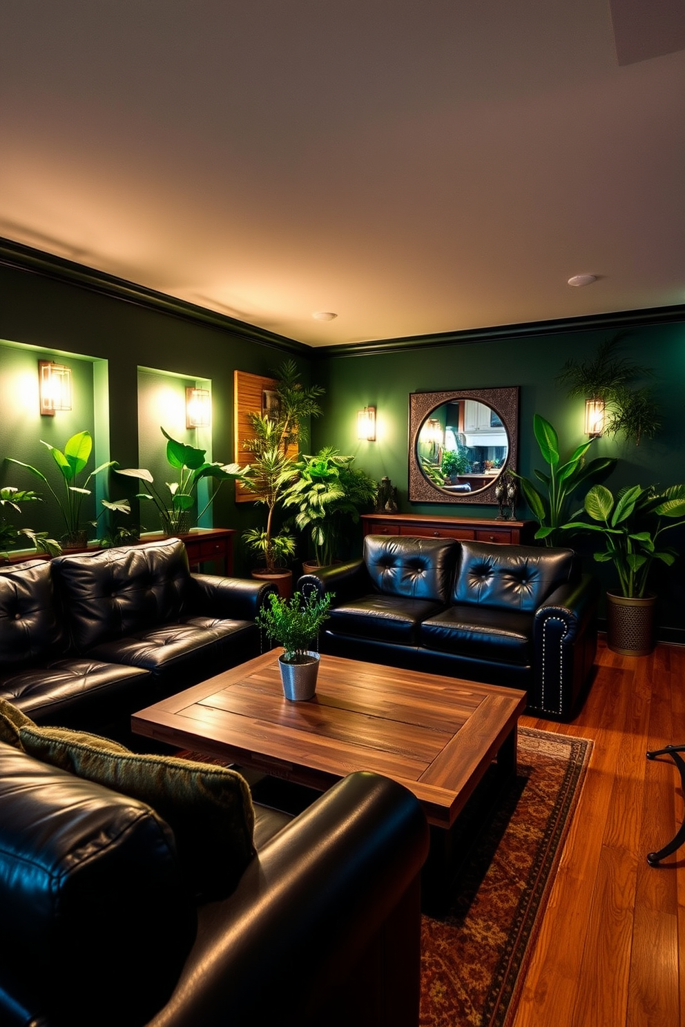 A sleek gaming console setup featuring a large flat-screen TV mounted on a dark feature wall. Below the TV, a modern media console holds gaming consoles and accessories, while LED strip lighting adds an ambient glow. A cozy Green Man Cave designed with rich green walls and plush seating arrangements. The space includes a rustic wooden bar, framed gaming posters, and a stylish area rug to tie the room together.