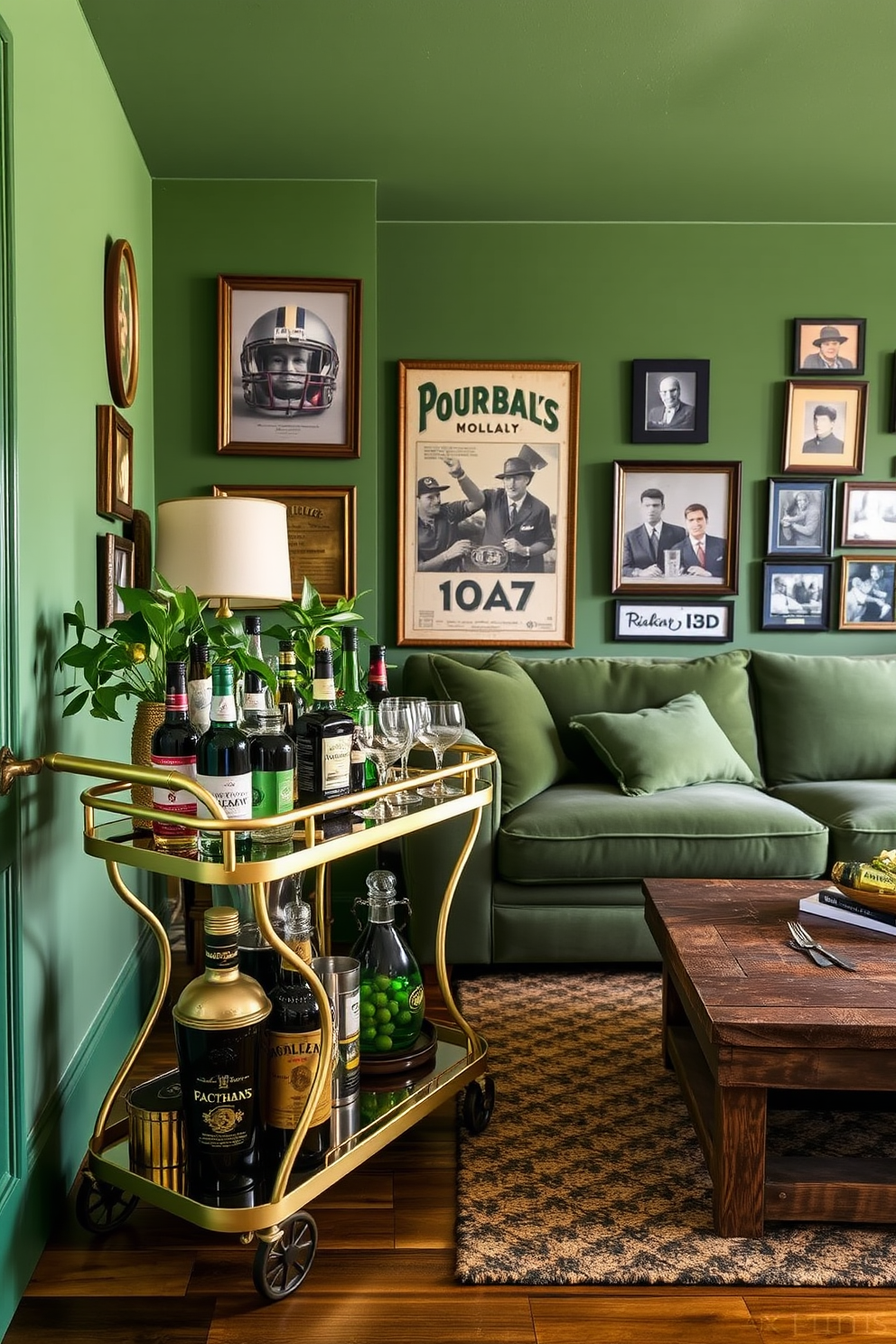 A stylish green-themed bar cart for entertaining. The cart features a sleek design with gold accents and is adorned with various bottles of spirits, glassware, and fresh greenery. A cozy green man cave designed for relaxation and entertainment. The space includes a plush sectional sofa, a rustic coffee table, and walls decorated with vintage sports memorabilia and framed photographs.